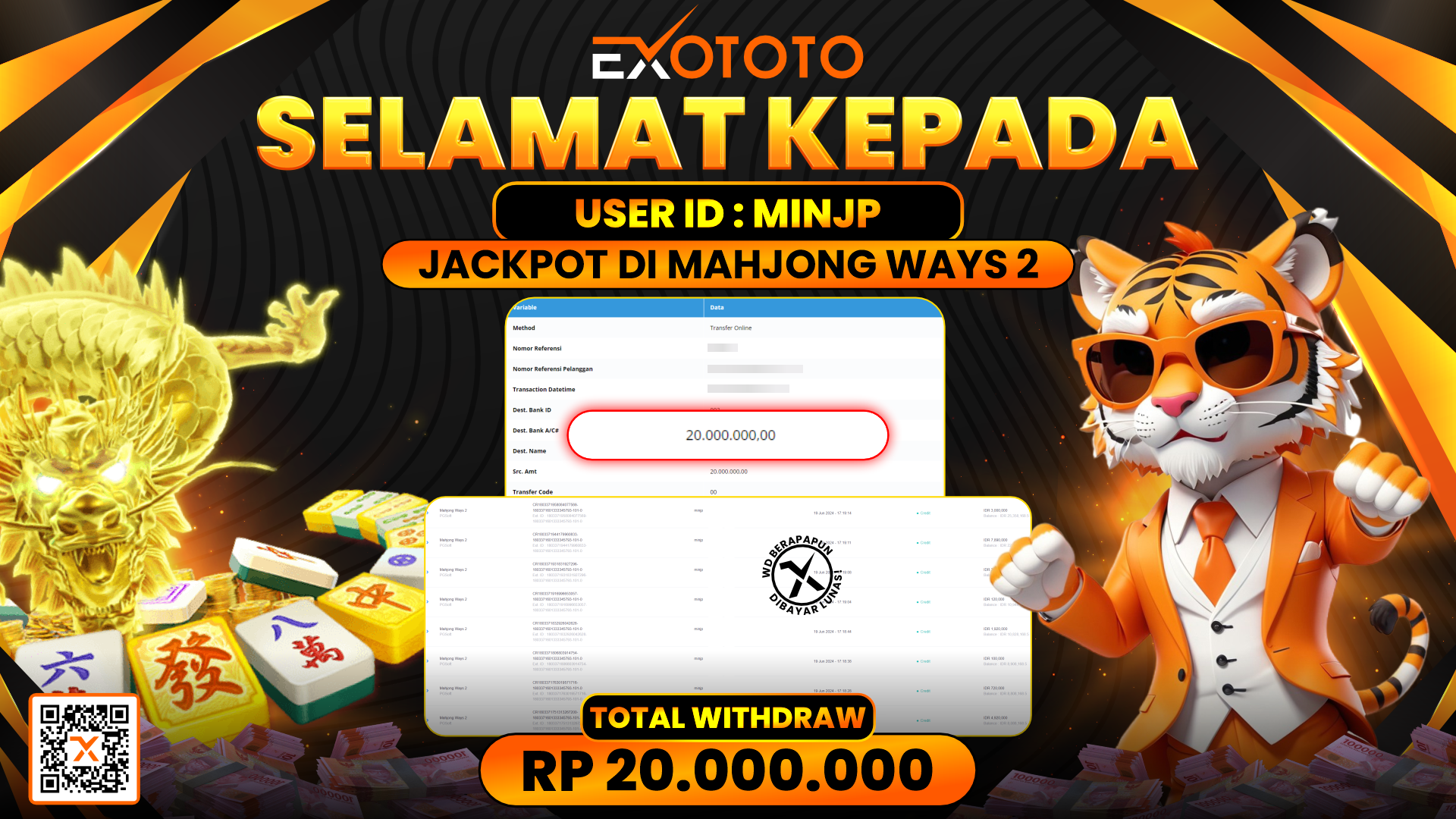 EXOTOTO JACKPOT DI SLOT MAHJONG WAYS 2 RP. 20.000.000,- LUNAS