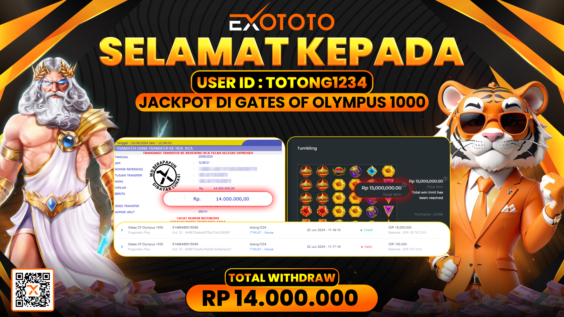 EXOTOTO JACKPOT DI SLOT GATES OF OLYMPUS RP. 14.000.000,- LUNAS