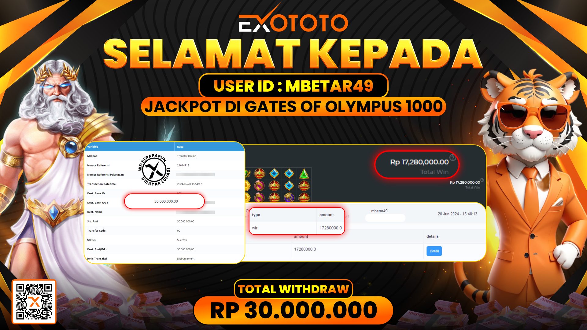 EXOTOTO JACKPOT DI SLOT GATES OF OLYMPUS1000 RP. 30.000.000,- LUNAS