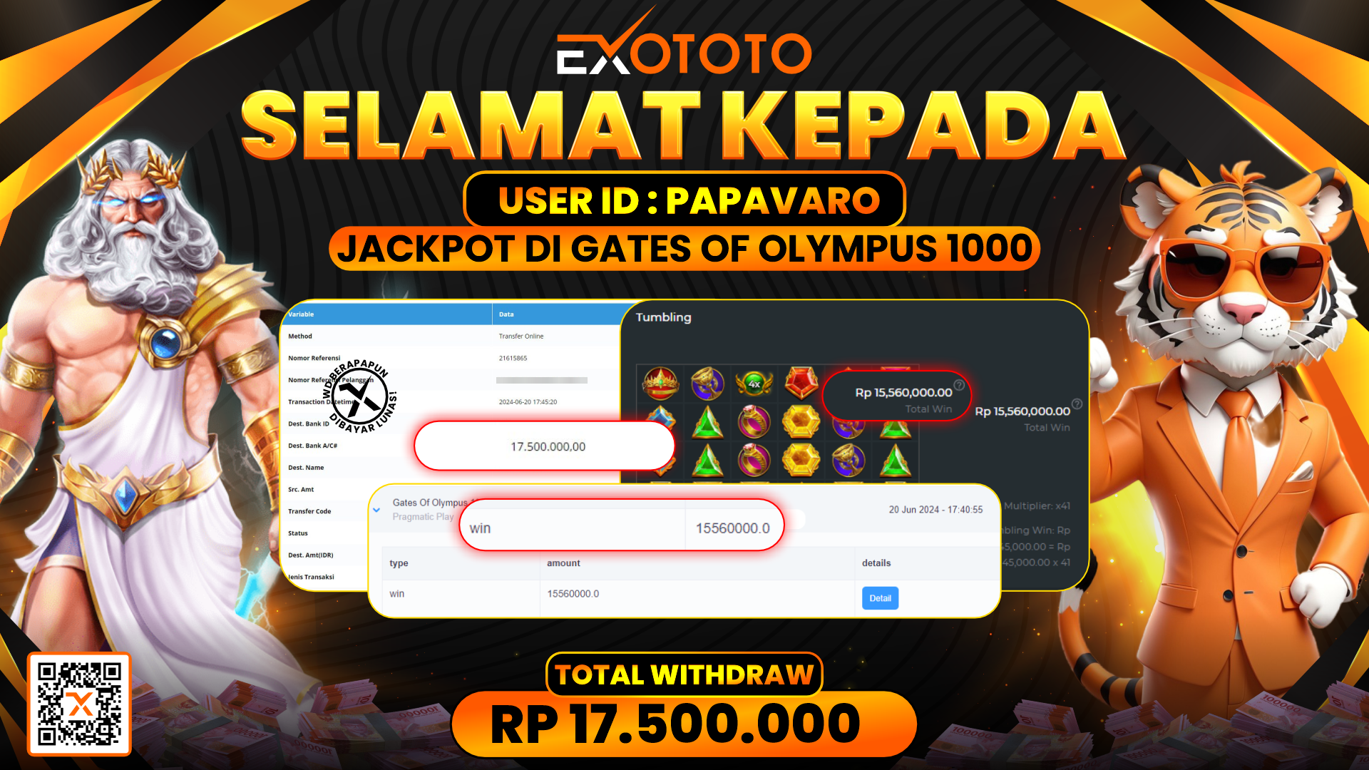 EXOTOTO JACKPOT DI SLOT GATES OF OLYMPUS RP. 17.500.000,- LUNAS