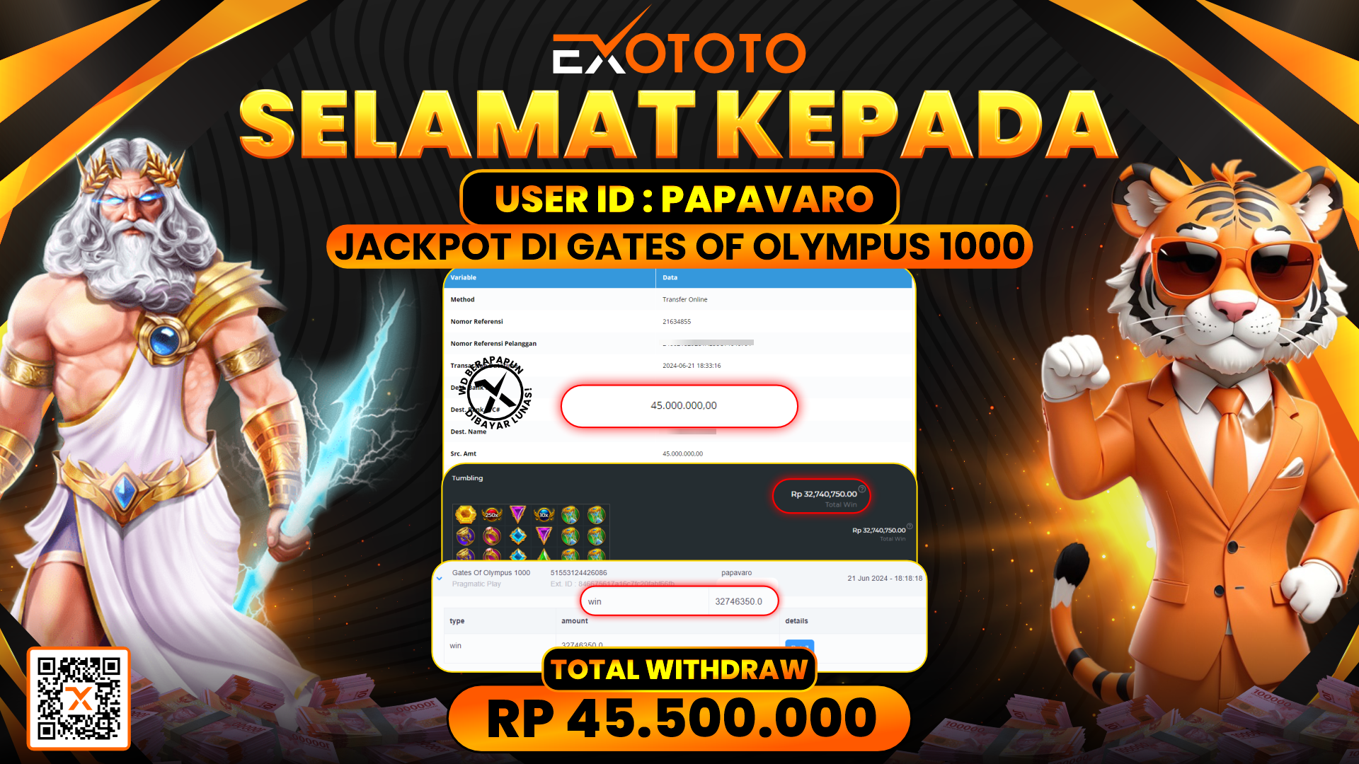 EXOTOTO JACKPOT DI SLOT GATES OF OLYMPUS RP. 45.500.000,- LUNAS