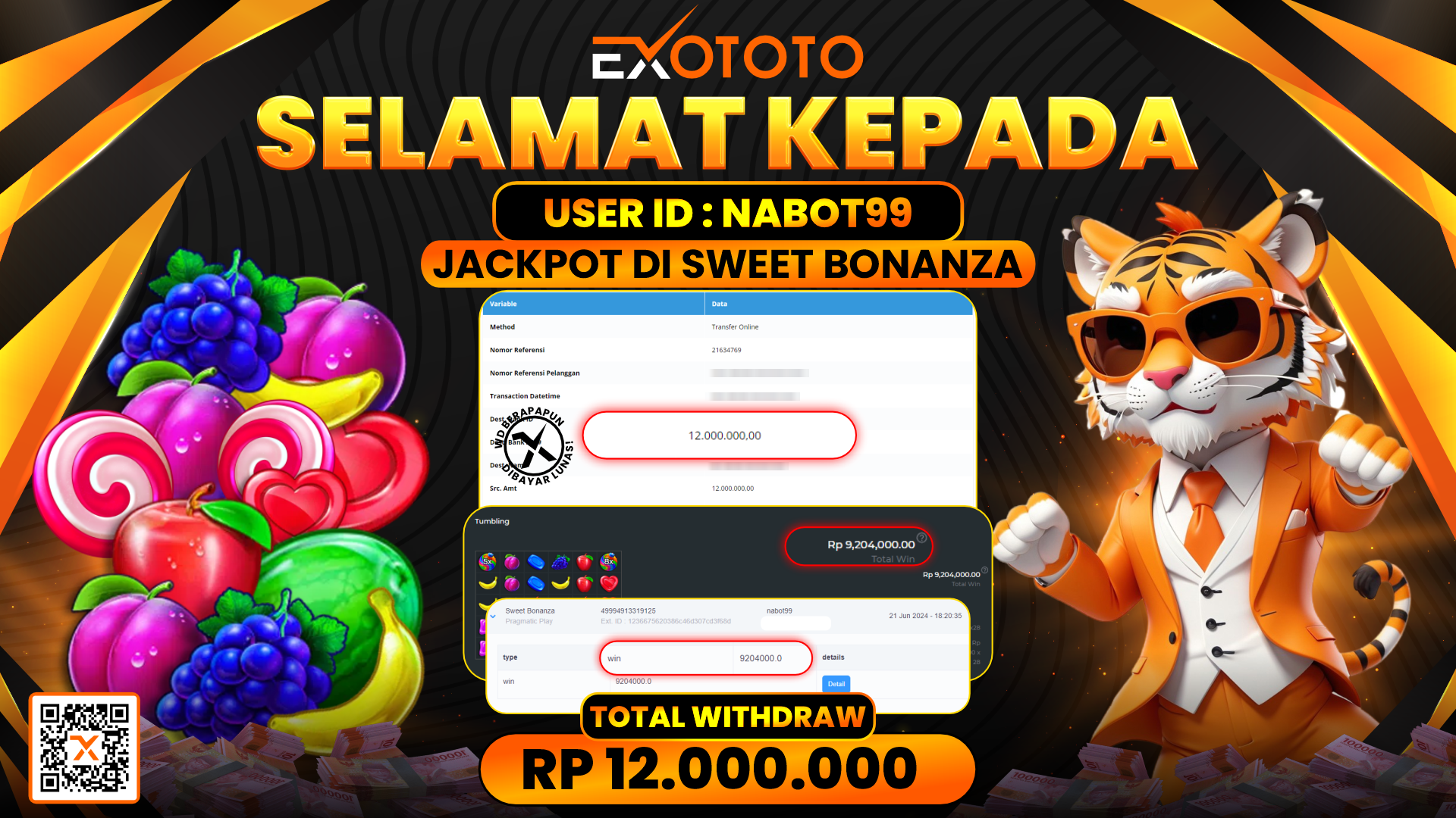 EXOTOTO JACKPOT DI SLOT SWEET BONANZA RP. 12.000.000,- LUNAS