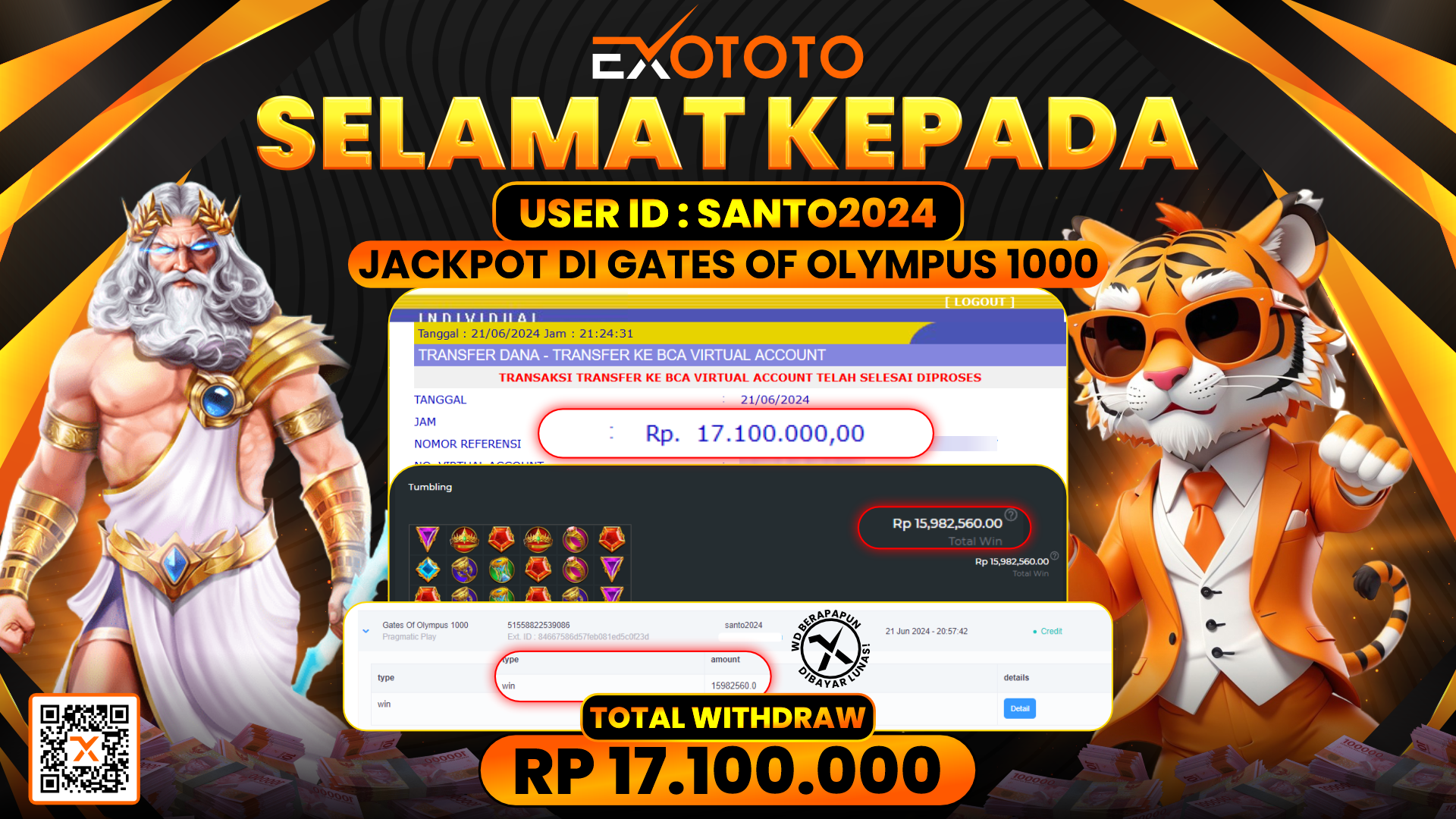EXOTOTO JACKPOT DI SLOT GATES OF OLYMPUS RP. 17.100.000,- LUNAS