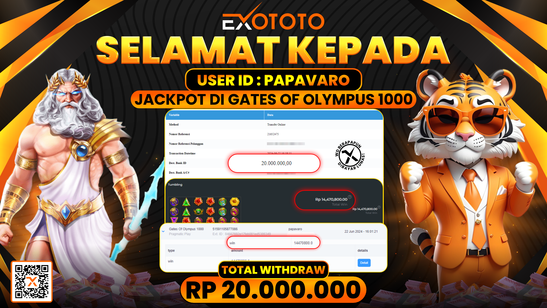 EXOTOTO JACKPOT DI SLOT GATES OF OLYMPUS RP. 20.000.000,- LUNAS
