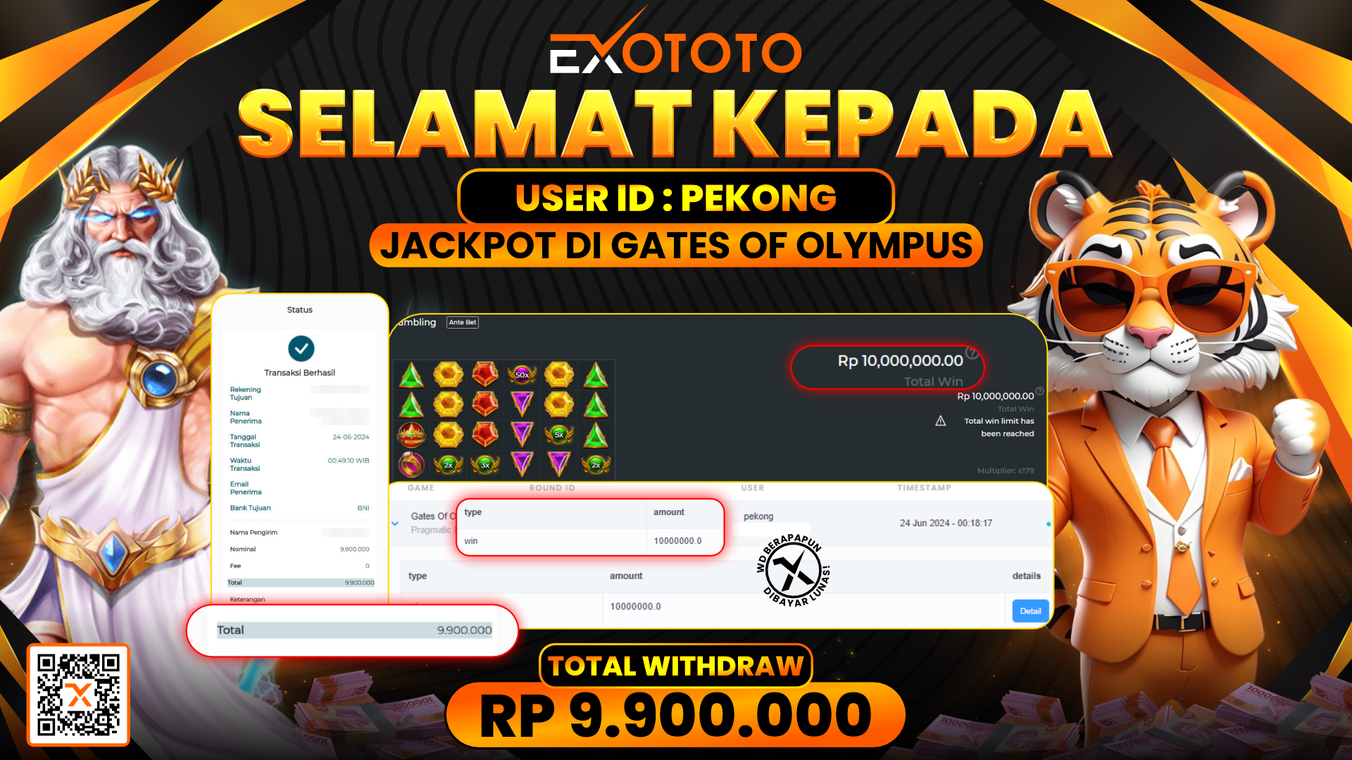 EXOTOTO JACKPOT DI SLOT GATES OF OLYMPUS RP. 9.900.000,- LUNAS