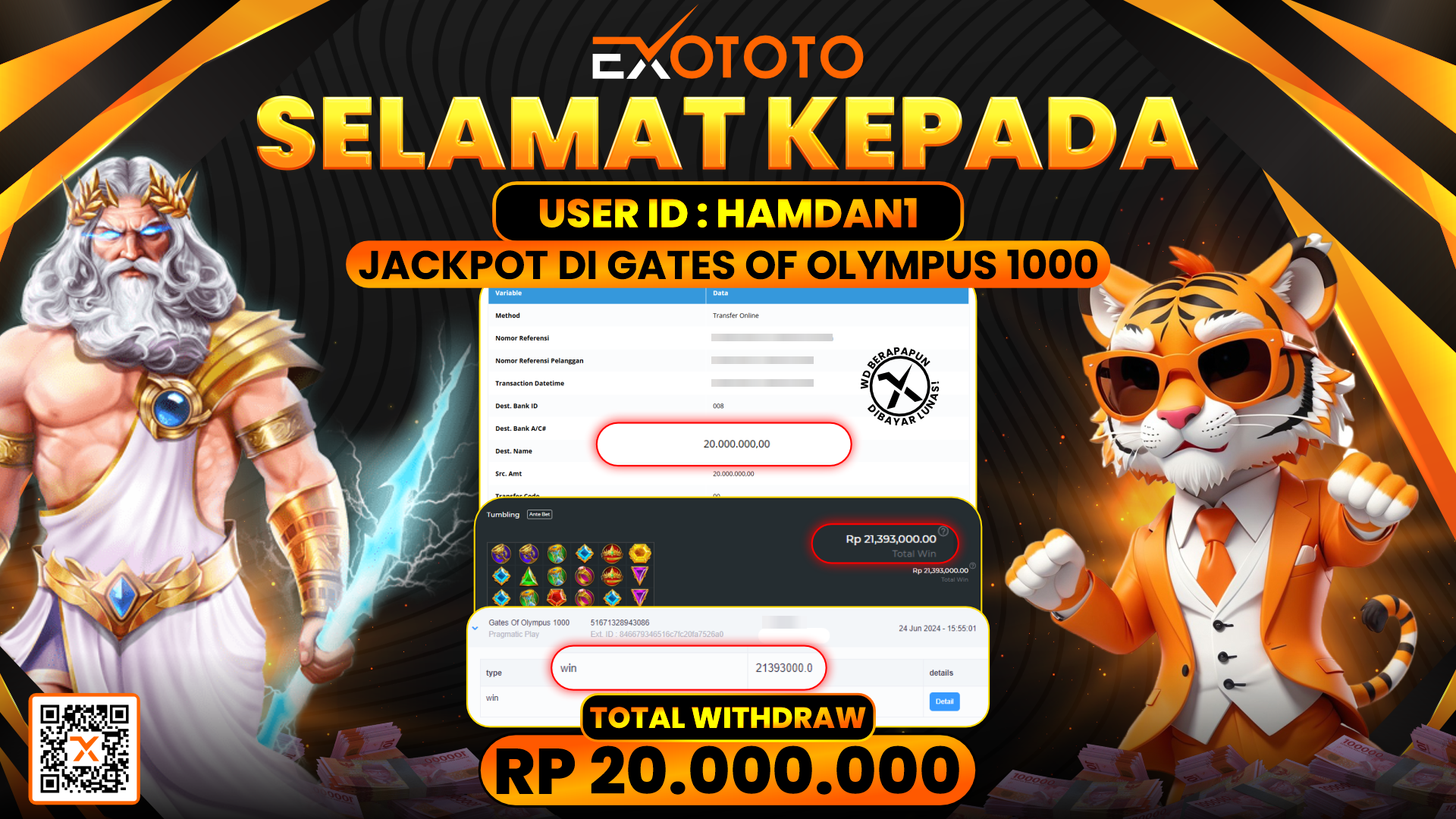 EXOTOTO JACKPOT DI SLOT GATES OF OLYMPUS RP. 20.000.000,- LUNAS