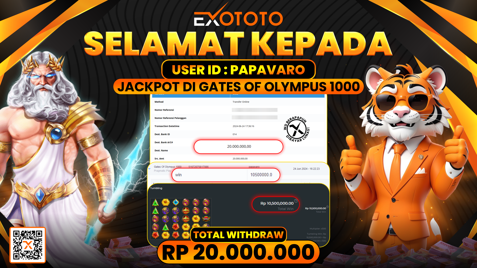 EXOTOTO JACKPOT DI SLOT GATES OF OLYMPUS RP. 20.000.000,- LUNAS