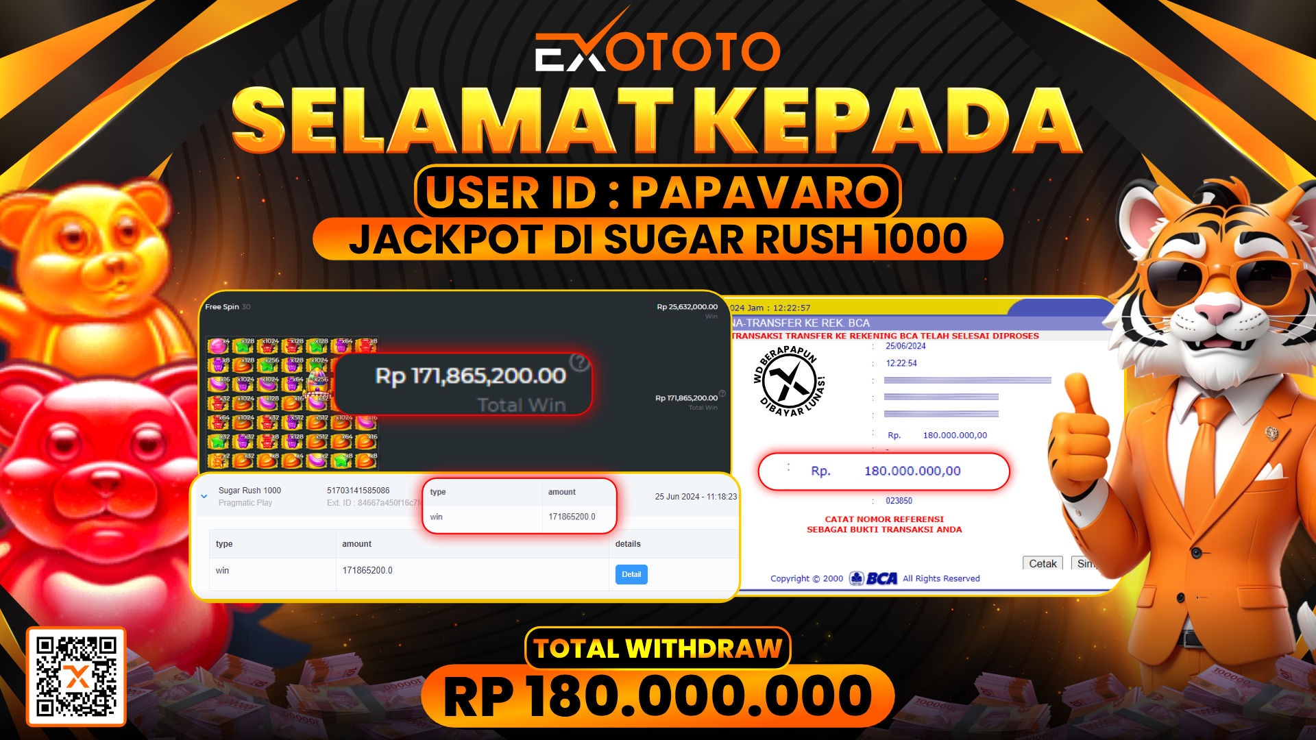 EXOTOTO JACKPOT DI SLOT SUGAR RUSH 1000 RP. 180.000.000,- LUNAS