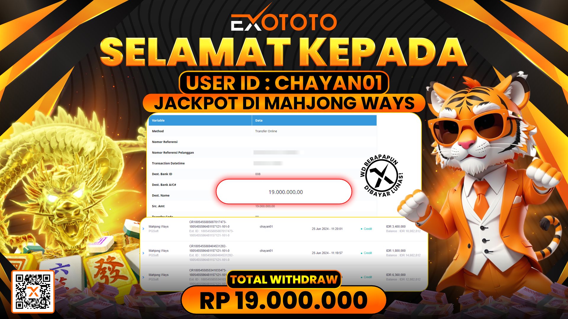 EXOTOTO JACKPOT DI SLOT MAHJONG WAYS RP. 19.000.000,- LUNAS