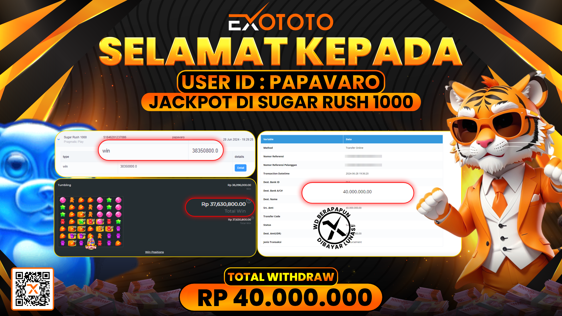 EXOTOTO JACKPOT DI SLOT SUGAR RUSH 1000 RP. 40.000.000,- LUNAS