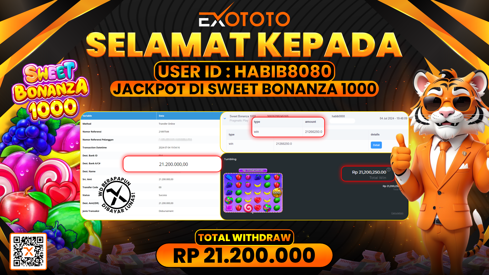 EXOTOTO JACKPOT DI SLOT SWEET BONANZA 1000 RP. 21.200.000,- LUNAS