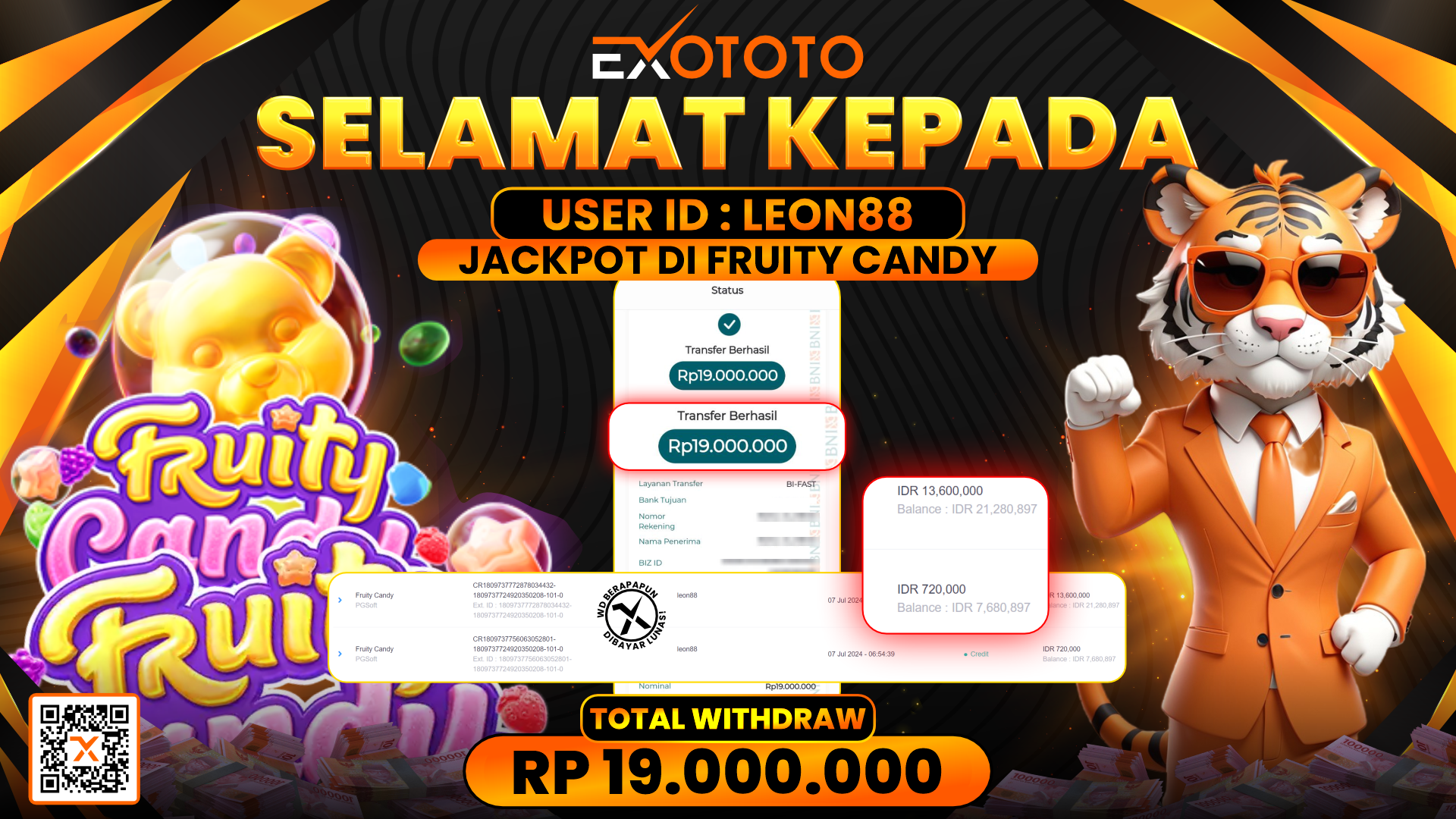 EXOTOTO JACKPOT DI SLOT FRUITY CANDY RP. 19.000.000,- LUNAS