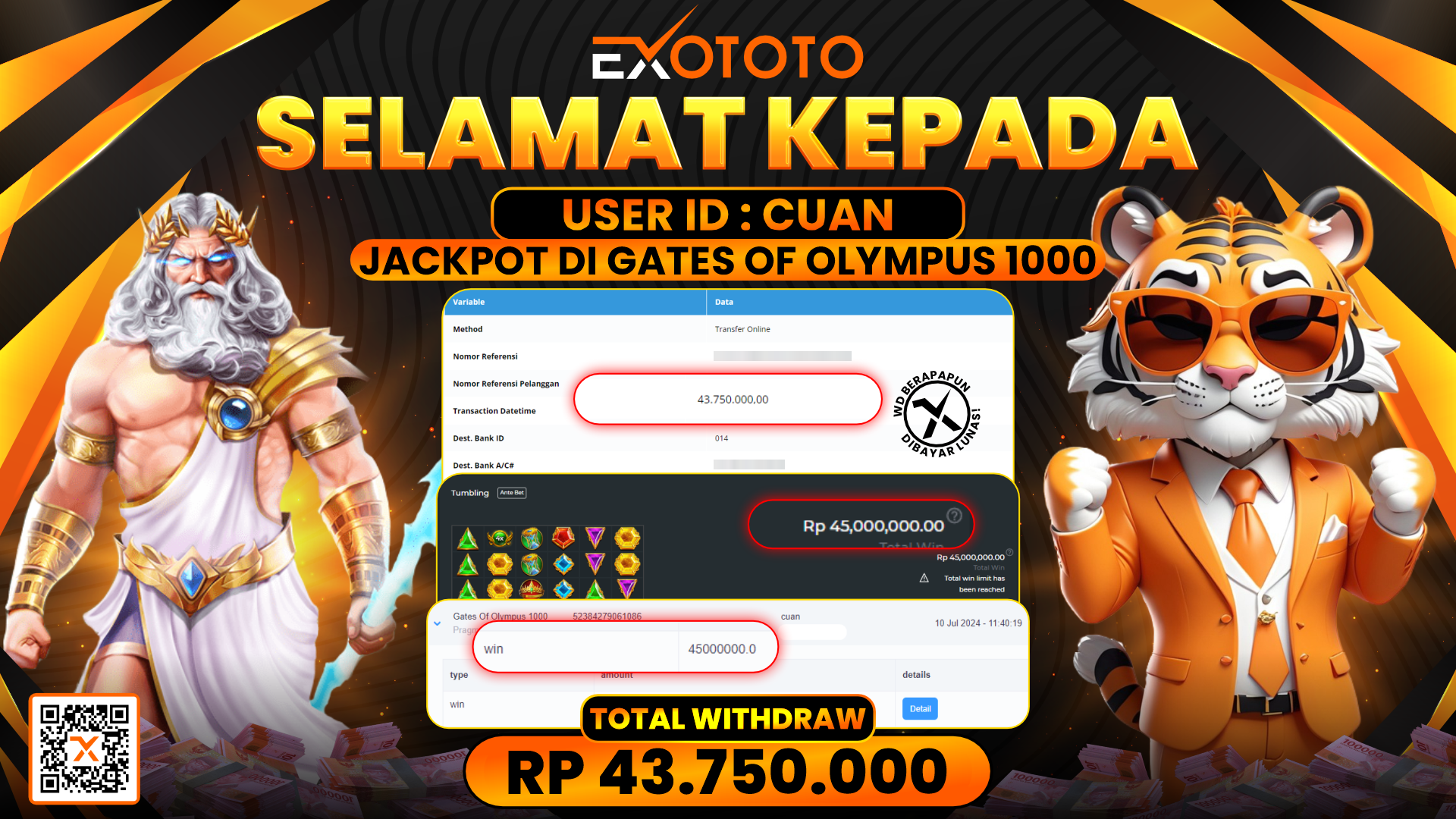 EXOTOTO JACKPOT DI SLOT GATES OF OLYMPUS 1000 RP. 43.750.000,- LUNAS