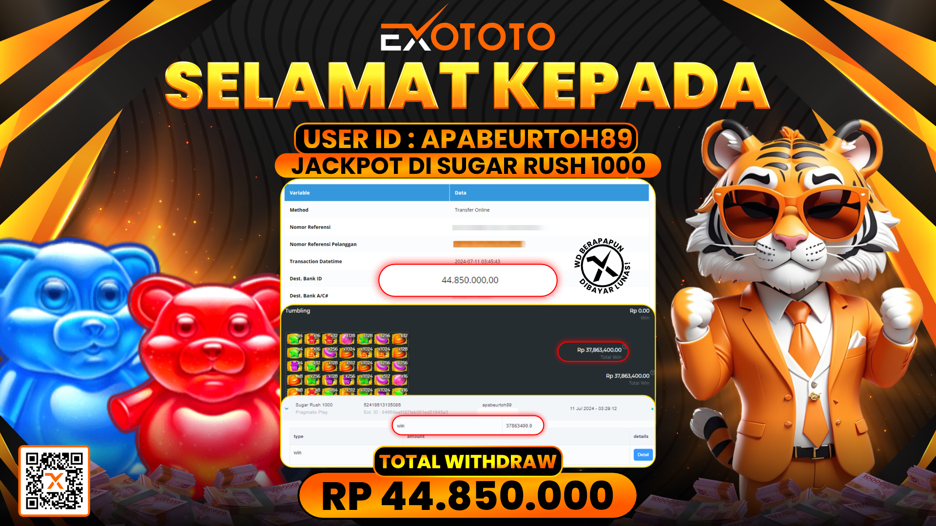 EXOTOTO JACKPOT DI SLOT SUGAR RUSH 1000 RP. 44.850.000,- LUNAS