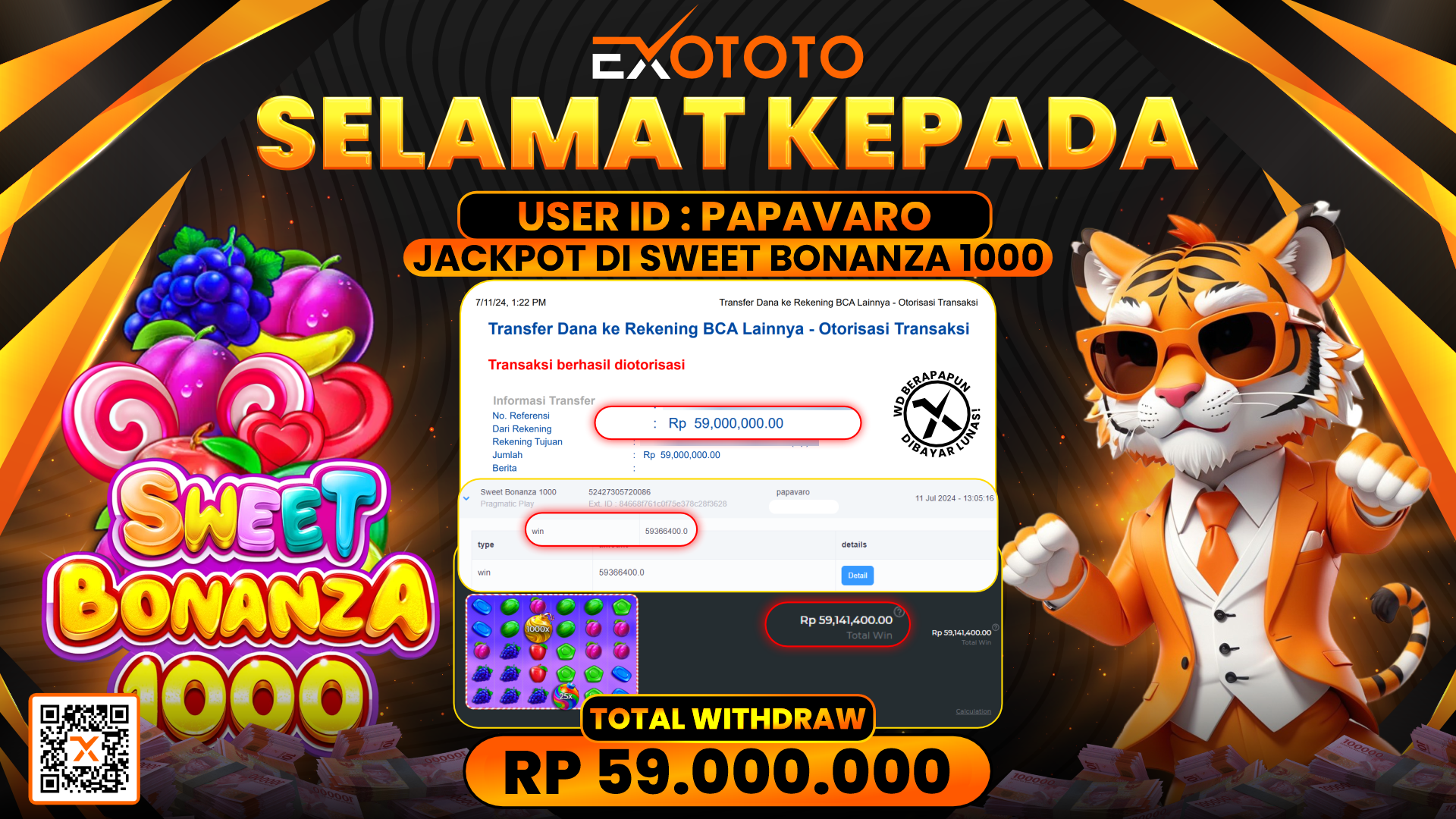 EXOTOTO JACKPOT DI SLOT SWEET BONANZA 1000 RP. 59.000.000,- LUNAS
