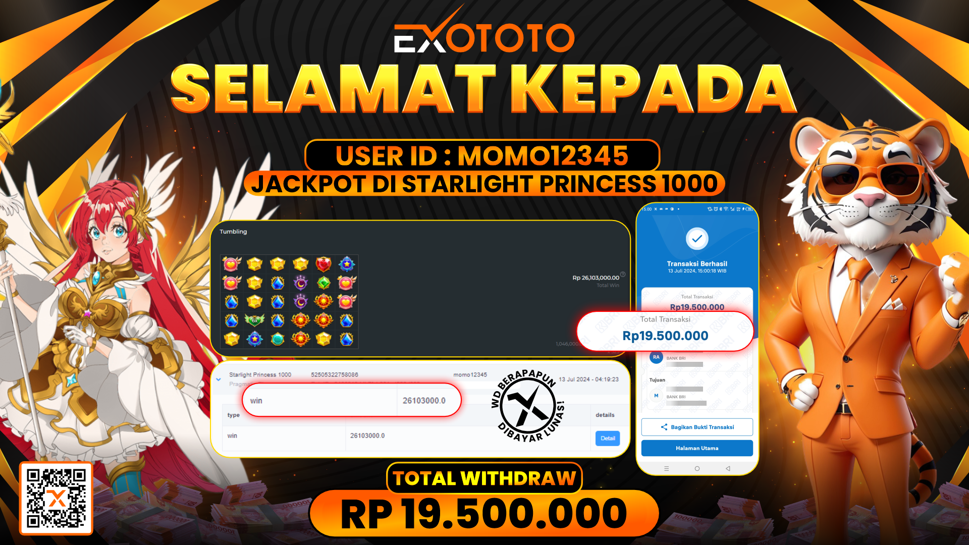 EXOTOTO JACKPOT DI SLOT STARLIGHT PRINCES 1000 RP. 19.500.000,- LUNAS
