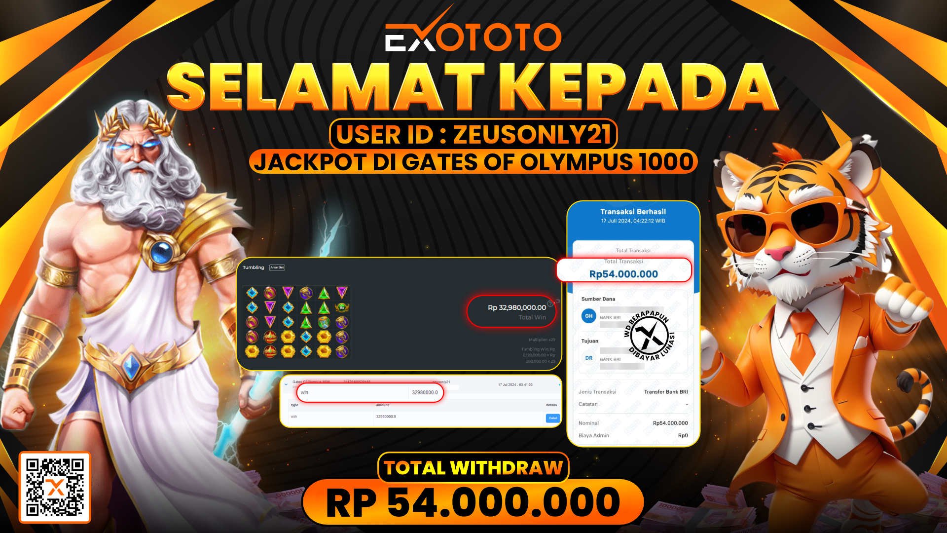 EXOTOTO JACKPOT DI SLOT GATES OF OLYMPUS 1000  RP. 54.000.000,- LUNAS