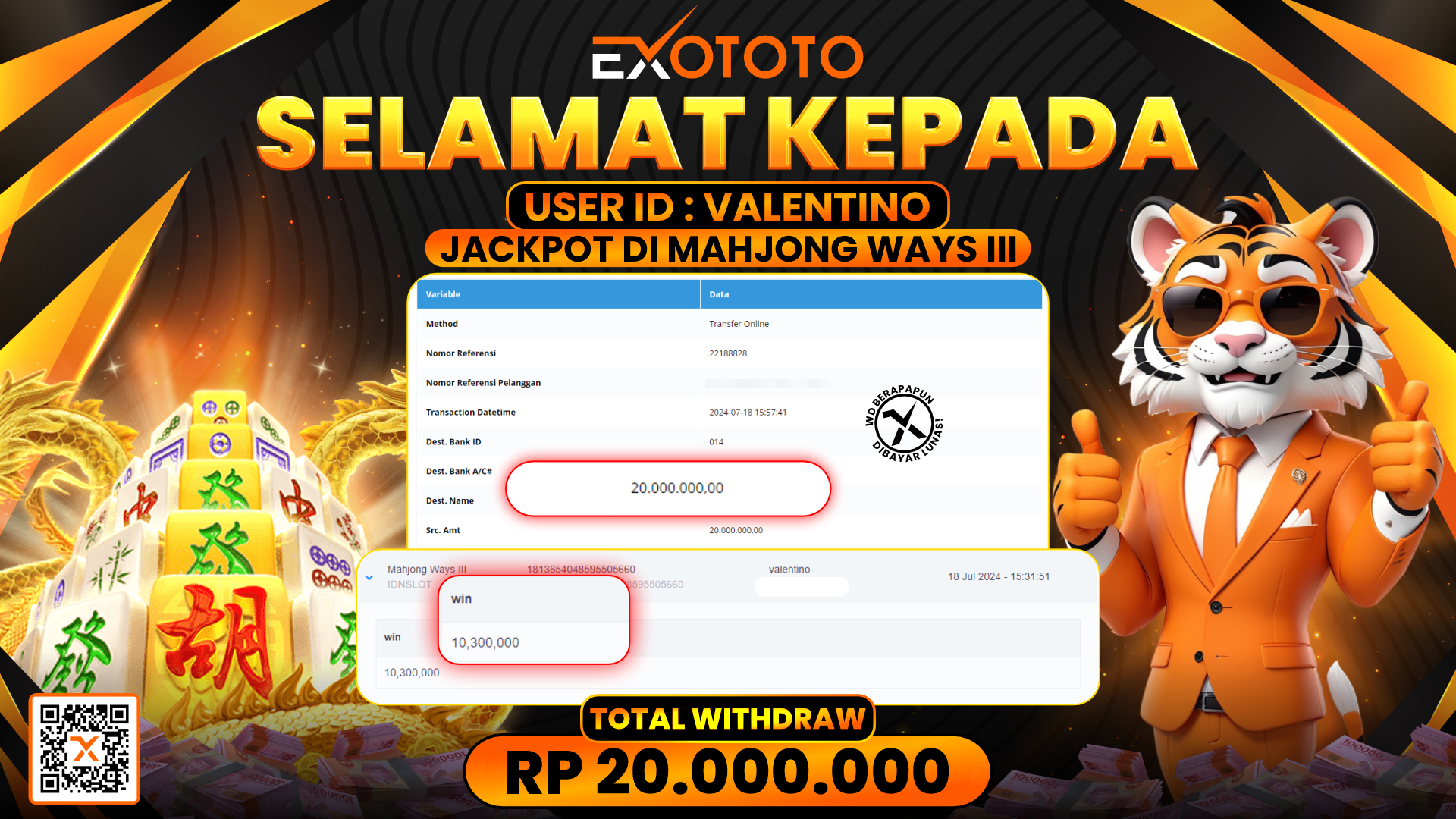 EXOTOTO JACKPOT DI SLOT MAHJONG WAYS 3 RP. 20.000.000,- LUNAS