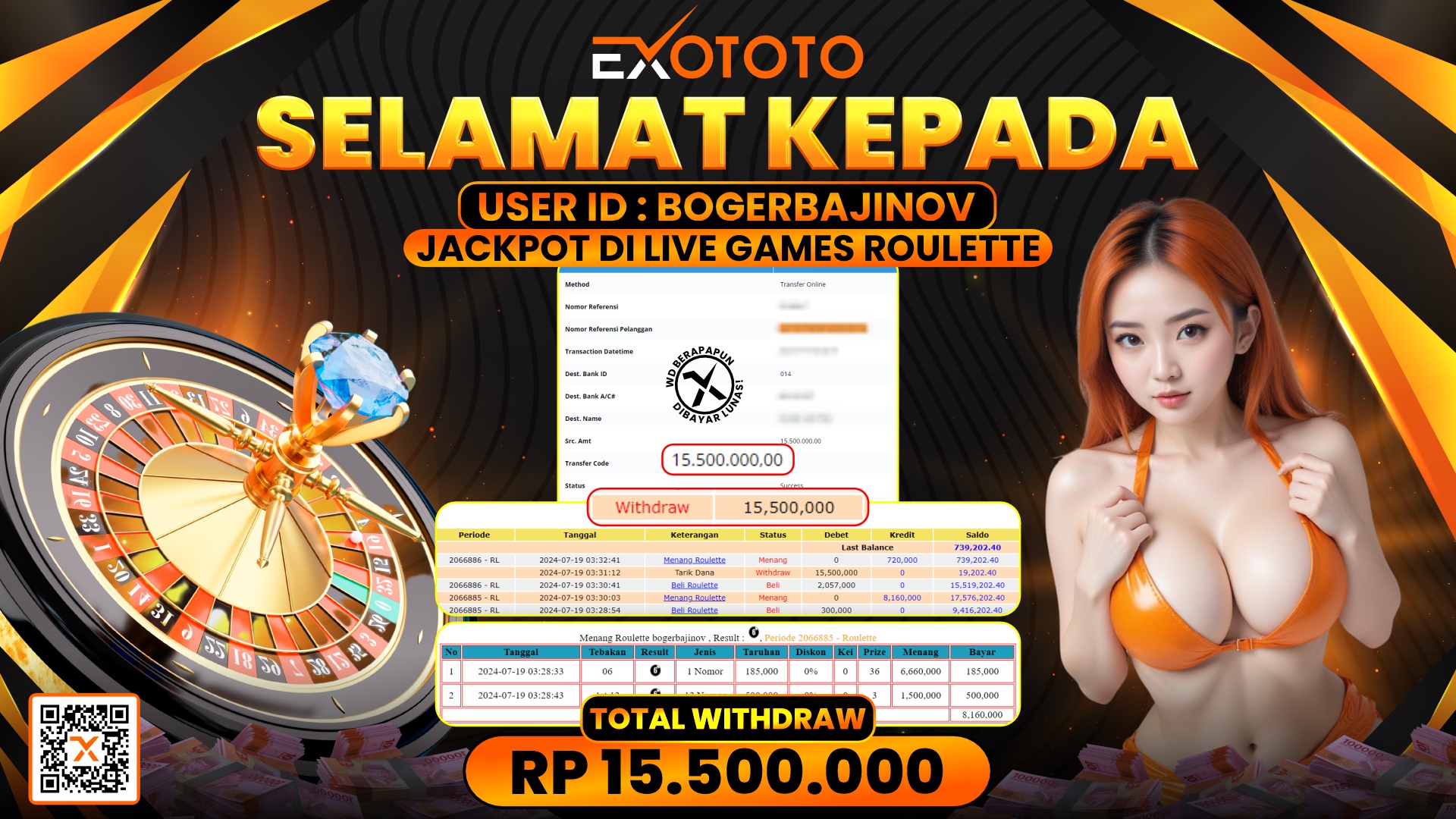 EXOTOTO JACKPOT DI LIVE GAMES ROULLETTE RP. 15.500.000,- LUNAS