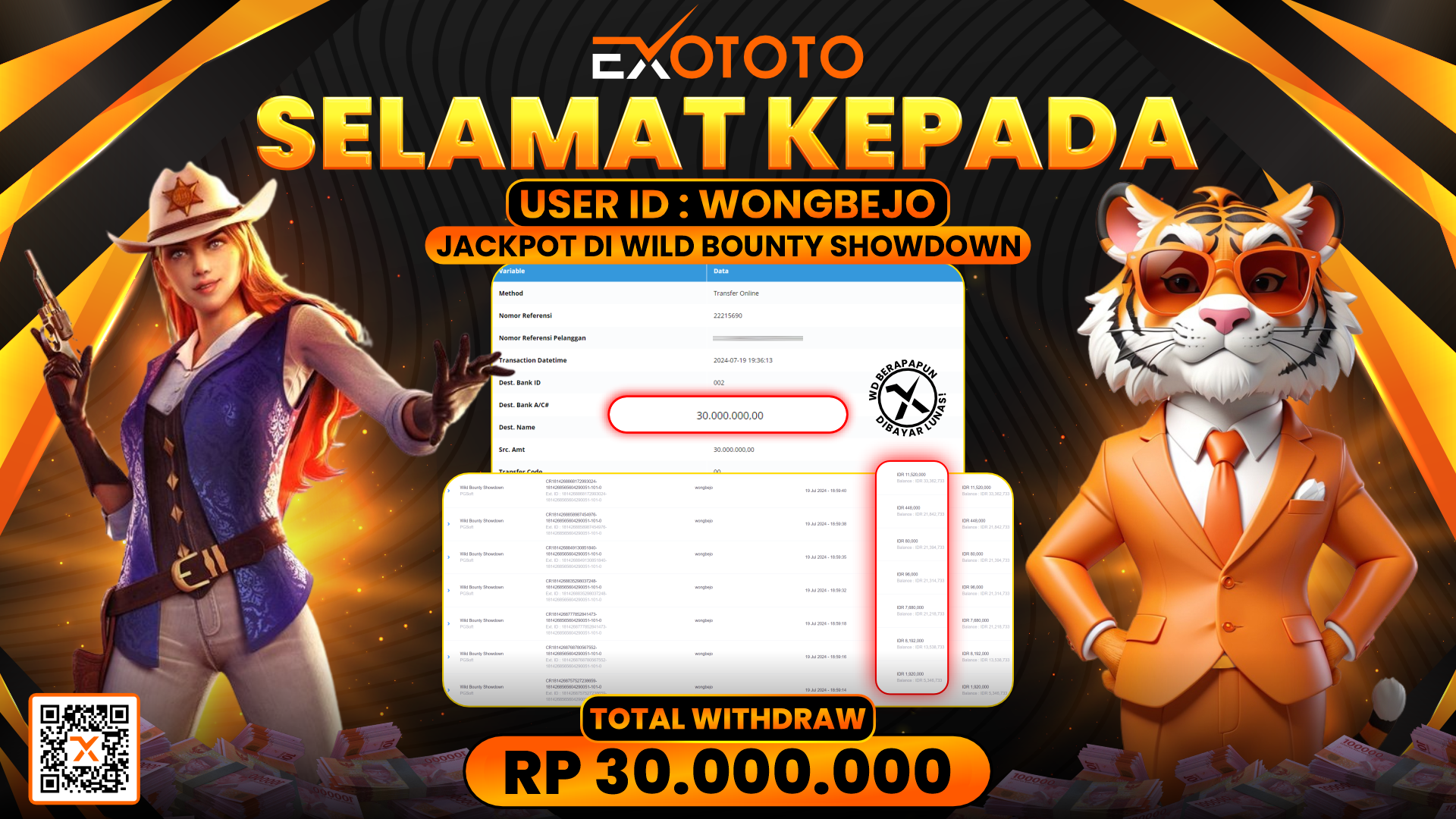 EXOTOTO JACKPOT DI SLOT WILD BOUNTY SHOWDOWN RP. 30.000.000,- LUNAS