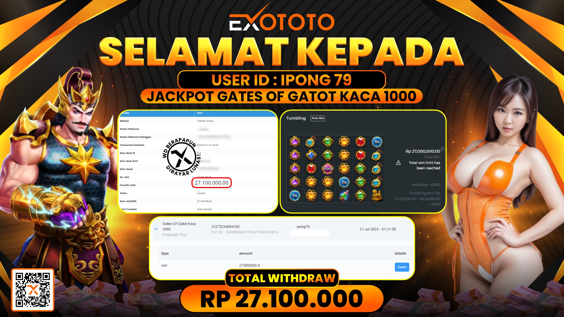 EXOTOTO JACKPOT DI SLOT GATES OF GATOT KACA 1000 RP. 27.100.000,- LUNAS