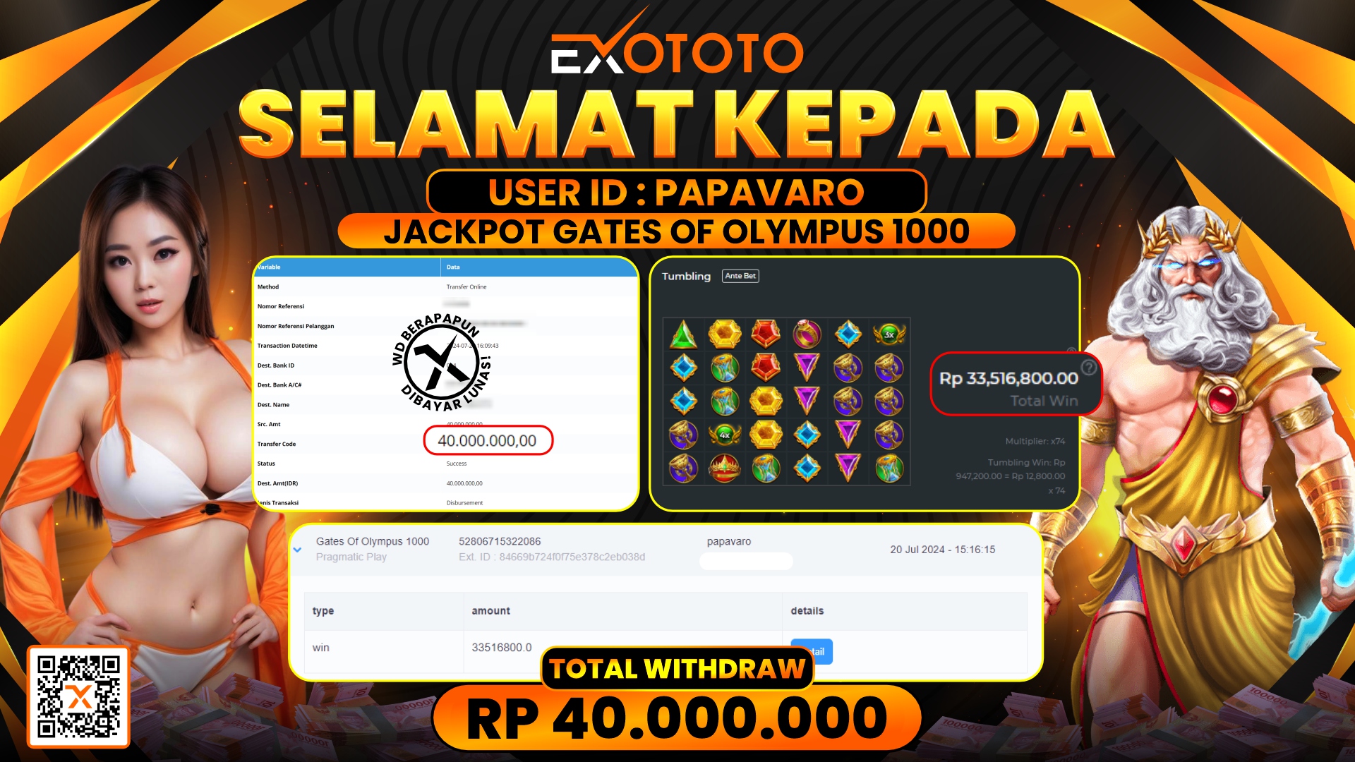 EXOTOTO JACKPOT DI SLOT GATES OF OLYMPUS RP. 40.000.000,- LUNAS