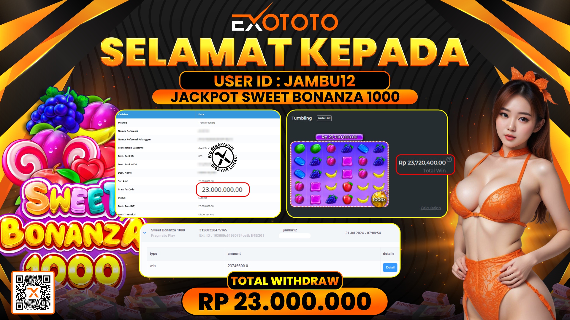 EXOTOTO JACKPOT DI SLOT SWEET BONANZA 1000 RP. 23.000.000,- LUNAS