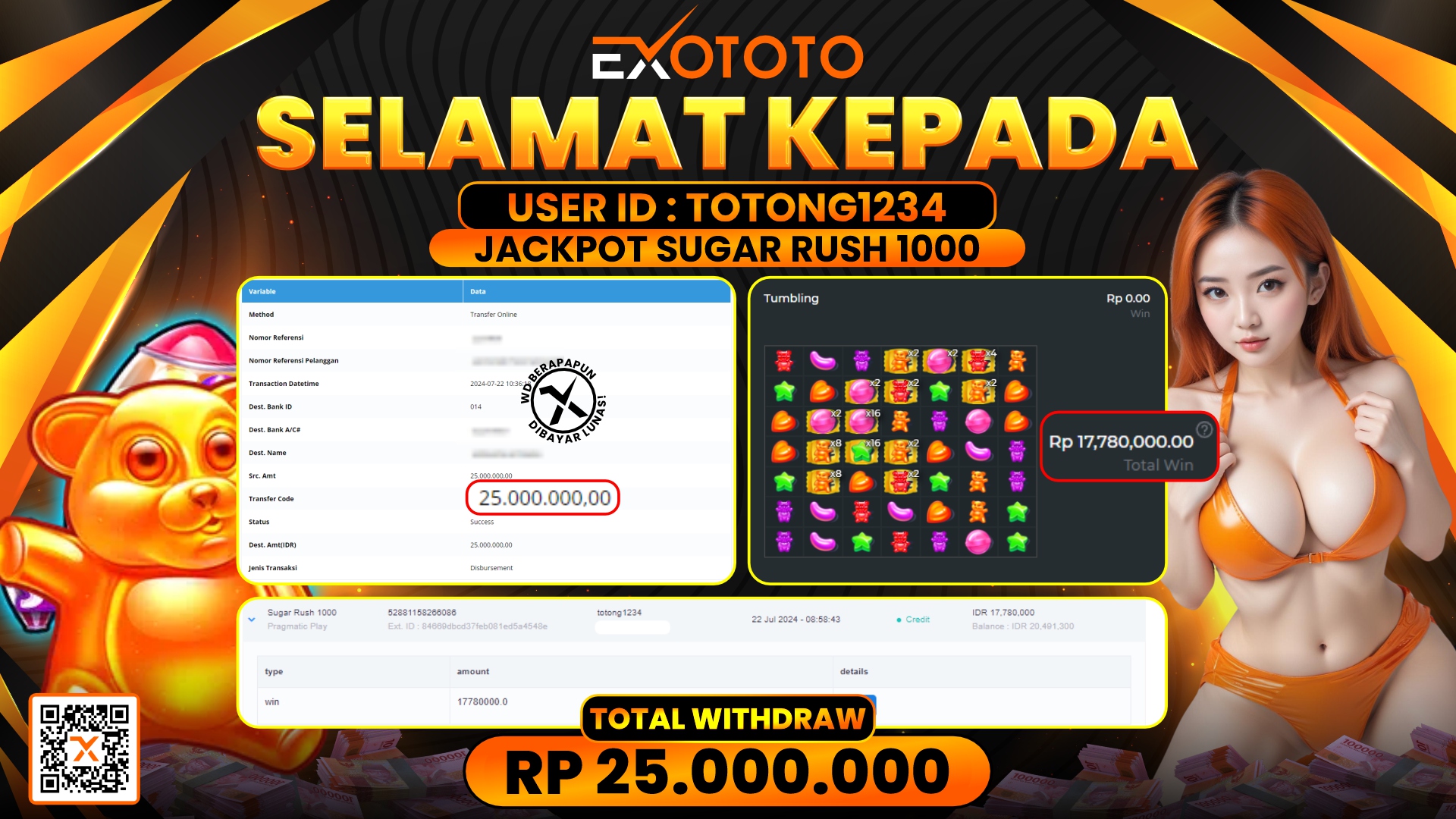 EXOTOTO JACKPOT DI SLOT SUGAR RUSH 1000 RP. 25.000.000,- LUNAS