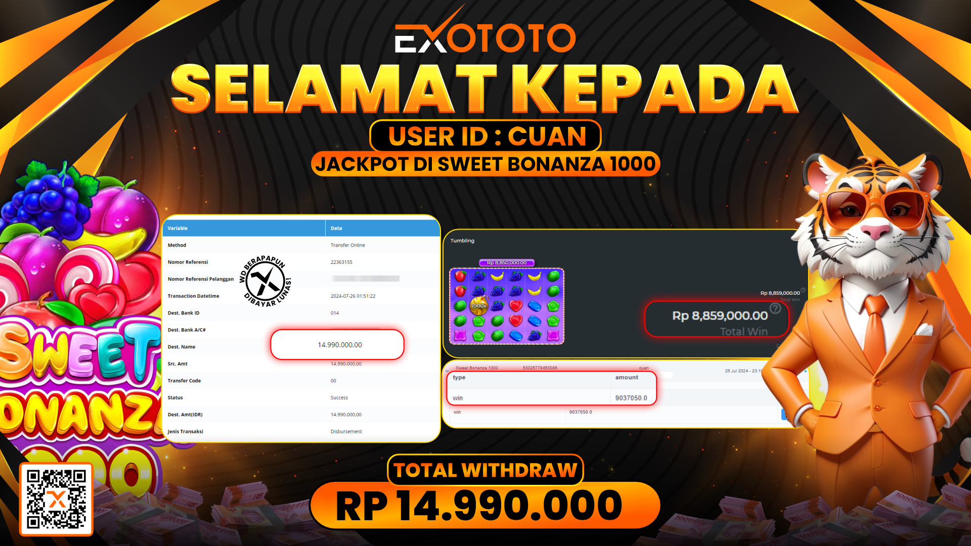 EXOTOTO JACKPOT DI SLOT SWEET BONANZA 1000 RP. 14.990.000,- LUNAS