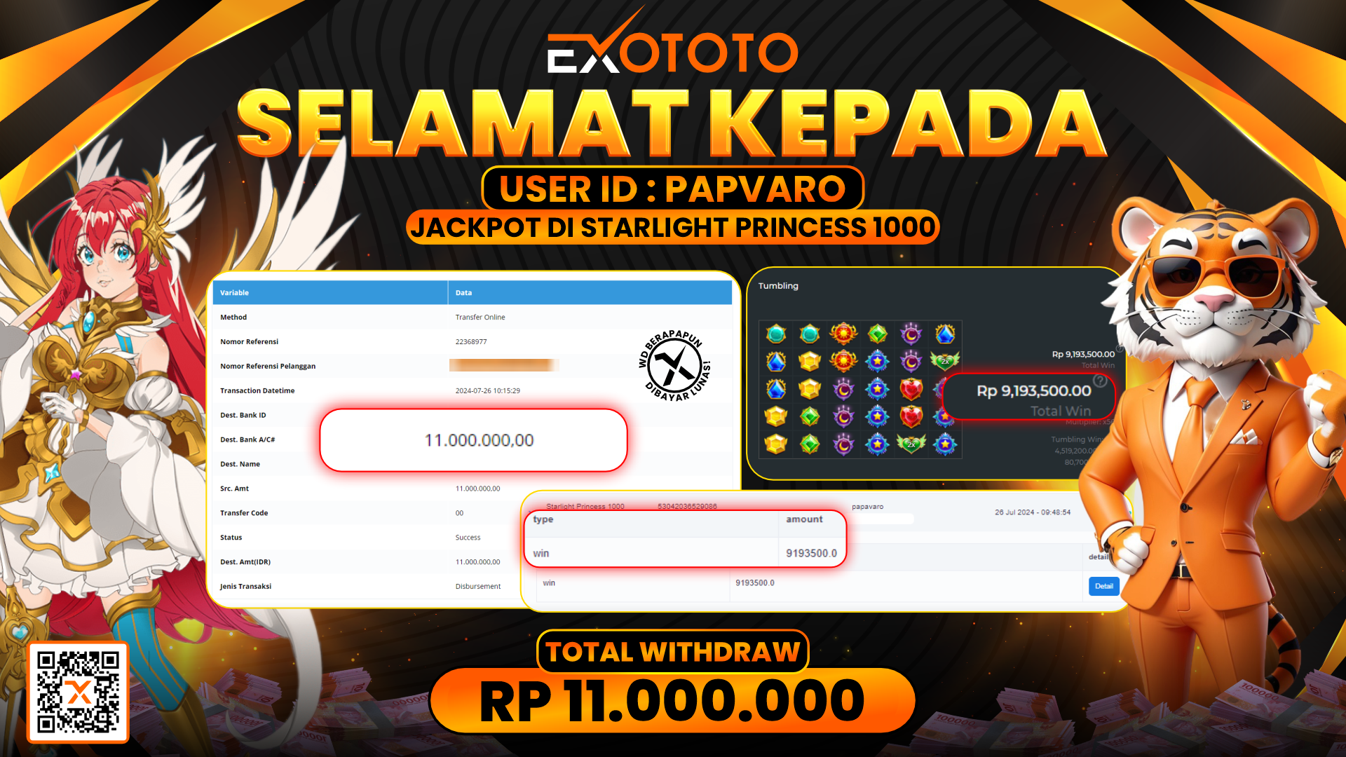 EXOTOTO JACKPOT DI SLOT STARLIGHT PRINCES 1000 RP. 11.000.000,- LUNAS