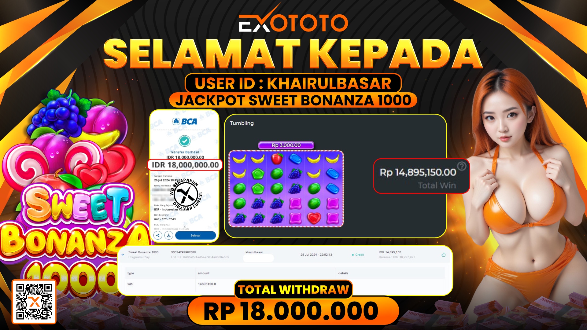 EXOTOTO JACKPOT DI SLOT SWEET BONANZA 1000 RP. 18.000.000,- LUNAS