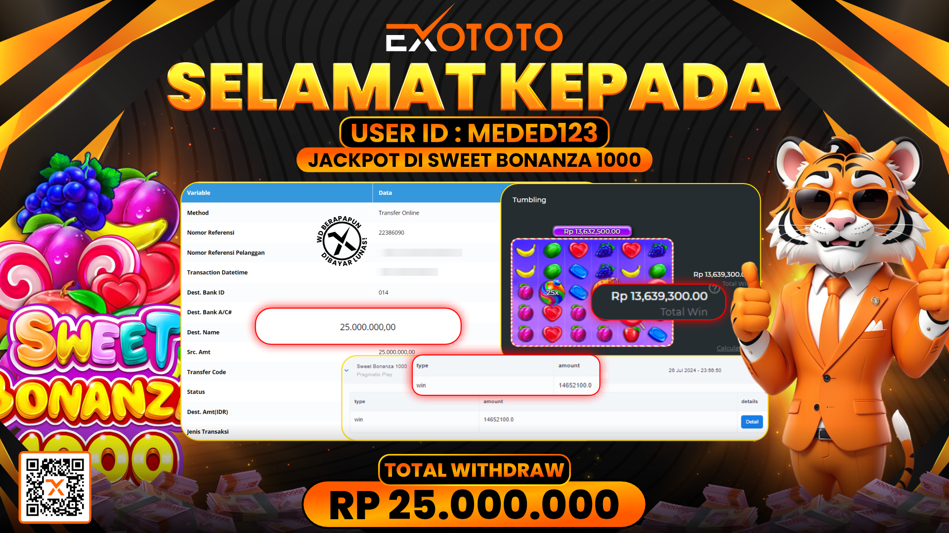 EXOTOTO JACKPOT DI SLOT SWEET BONANZA 1000 RP. 25.000.000,- LUNAS