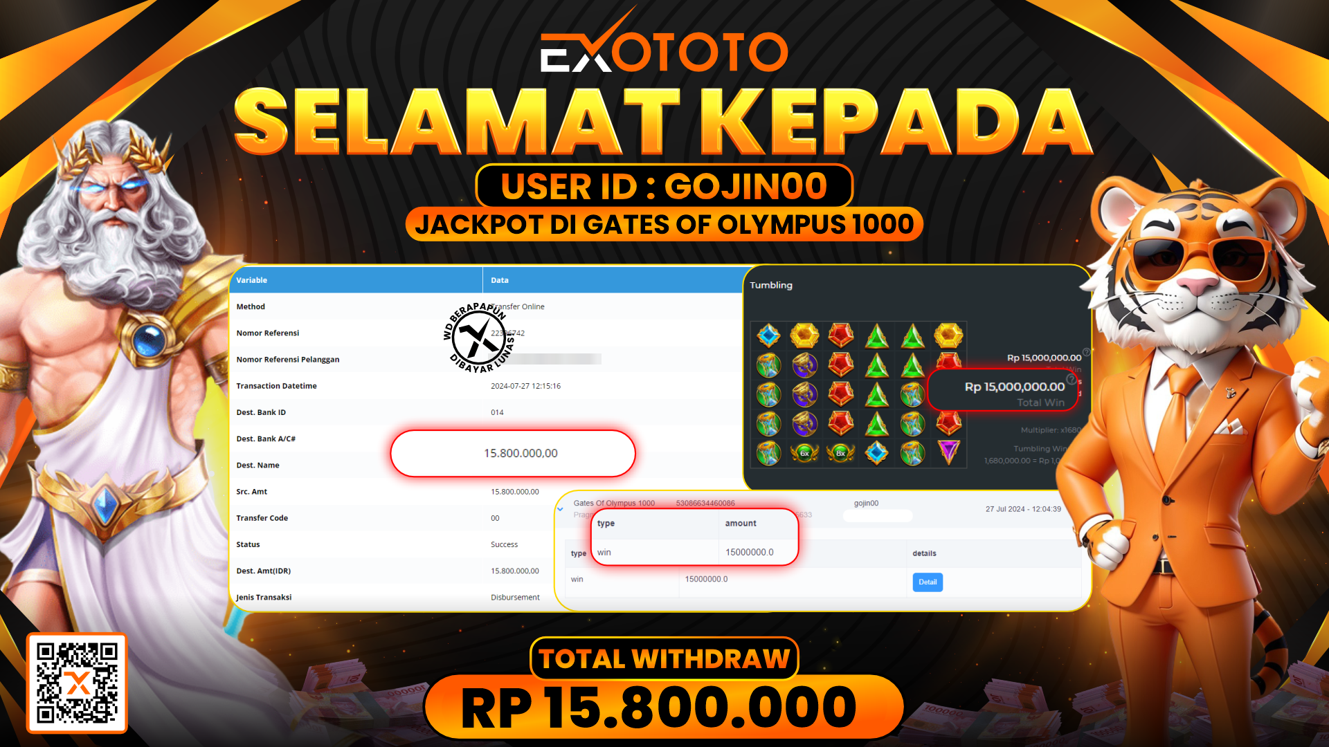 EXOTOTO JACKPOT DI SLOT GATES OF OLYMPUS RP. 15.800.000,- LUNAS