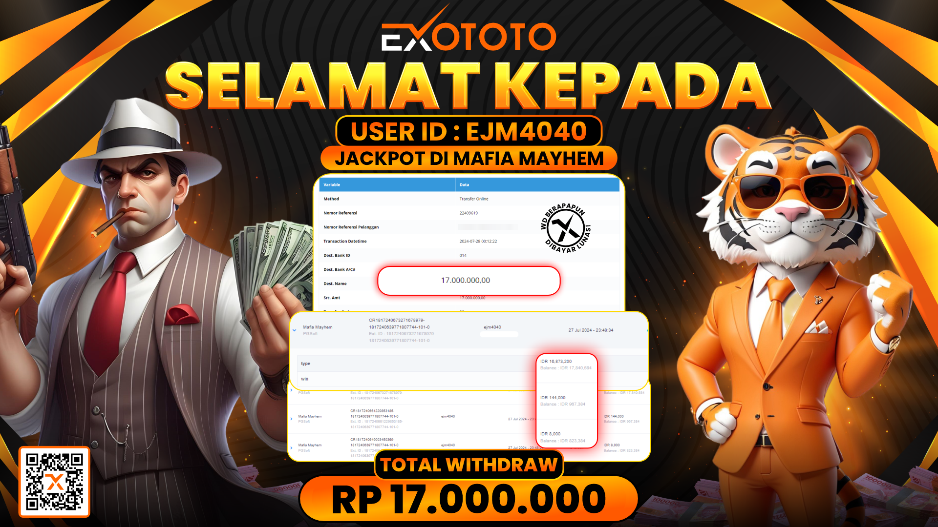 EXOTOTO JACKPOT DI SLOT MAFIA MYAHEM RP. 17.000.000,- LUNAS