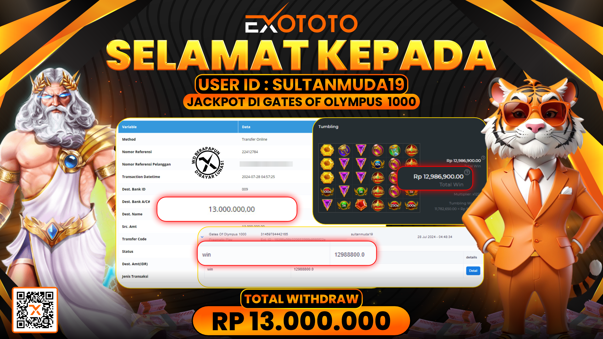 EXOTOTO JACKPOT DI SLOT GATES OF OLYMPUS 1000 RP. 13.000.000,- LUNAS