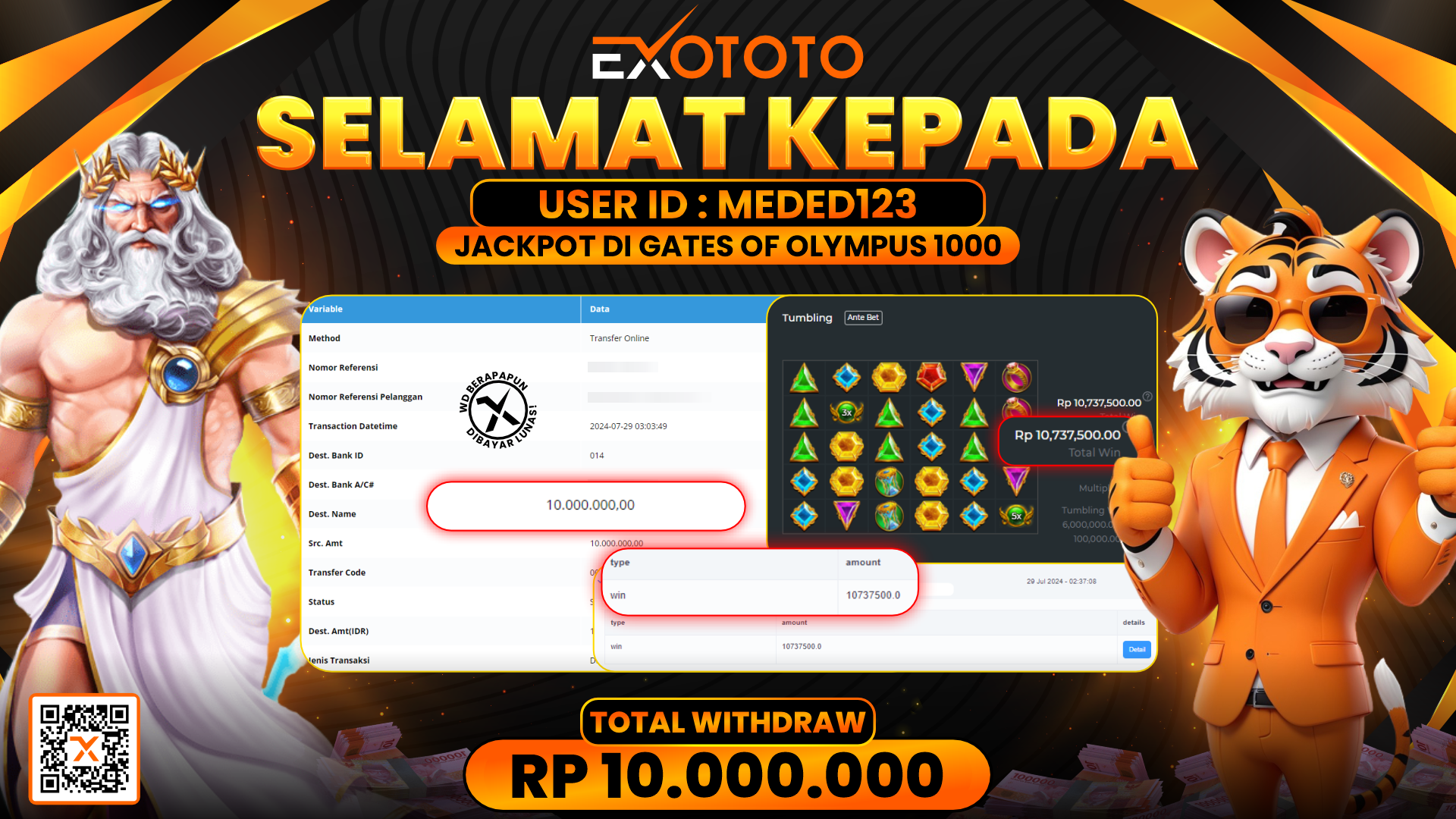 EXOTOTO JACKPOT DI SLOT GATES OF OLYMPUS 1000 RP. 10.000.000,- LUNAS