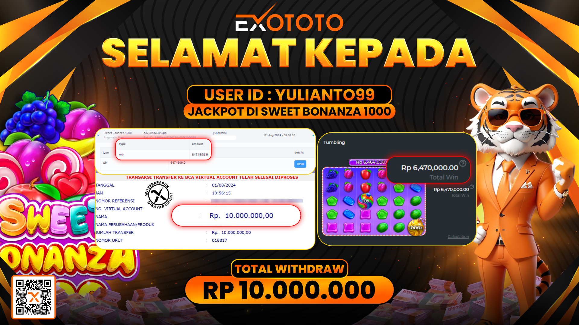 EXOTOTO JACKPOT DI SLOT SWEET BONANZA 1000 RP. 10.000.000,- LUNAS
