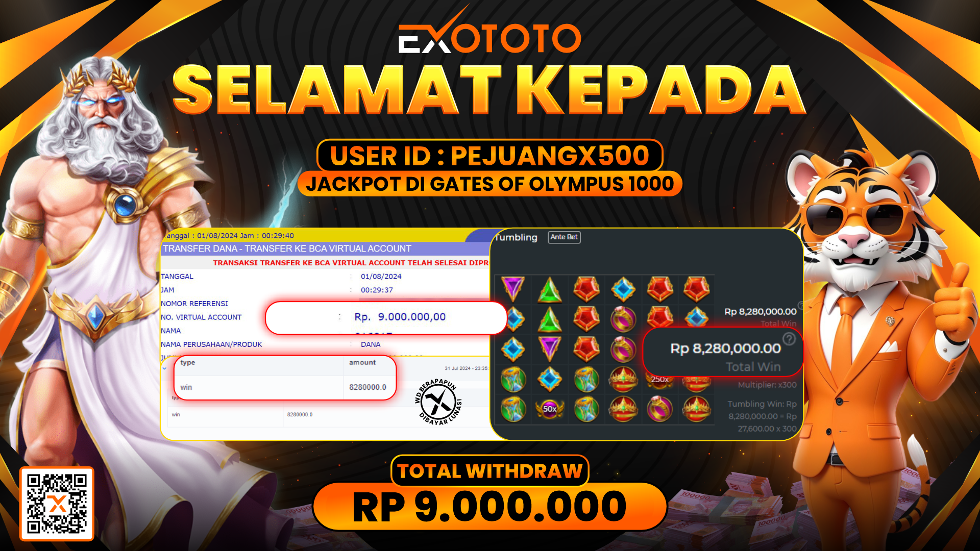 EXOTOTO JACKPOT DI SLOT GATES OF OLYMPUS 1000 RP. 9.000.000,- LUNAS