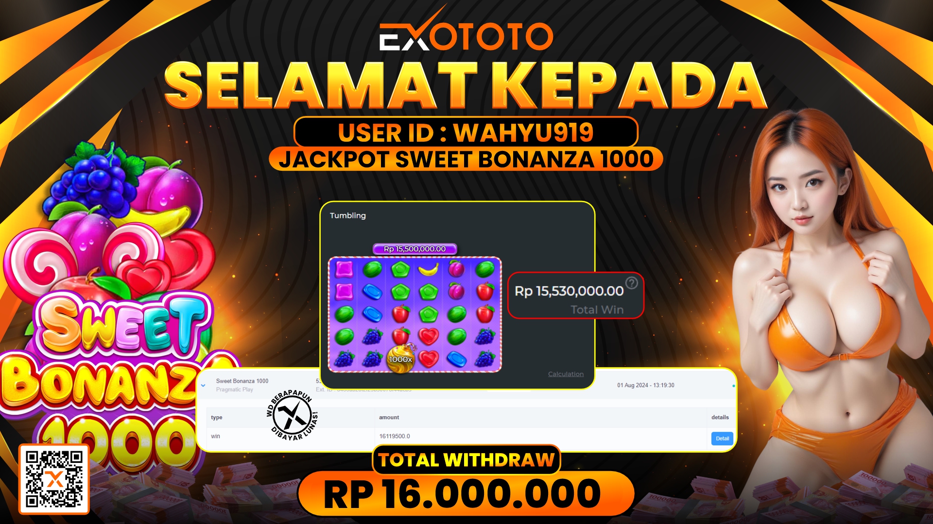 EXOTOTO JACKPOT DI SLOT SWEET BONANZA 1000 RP. 16.000.000,- LUNAS