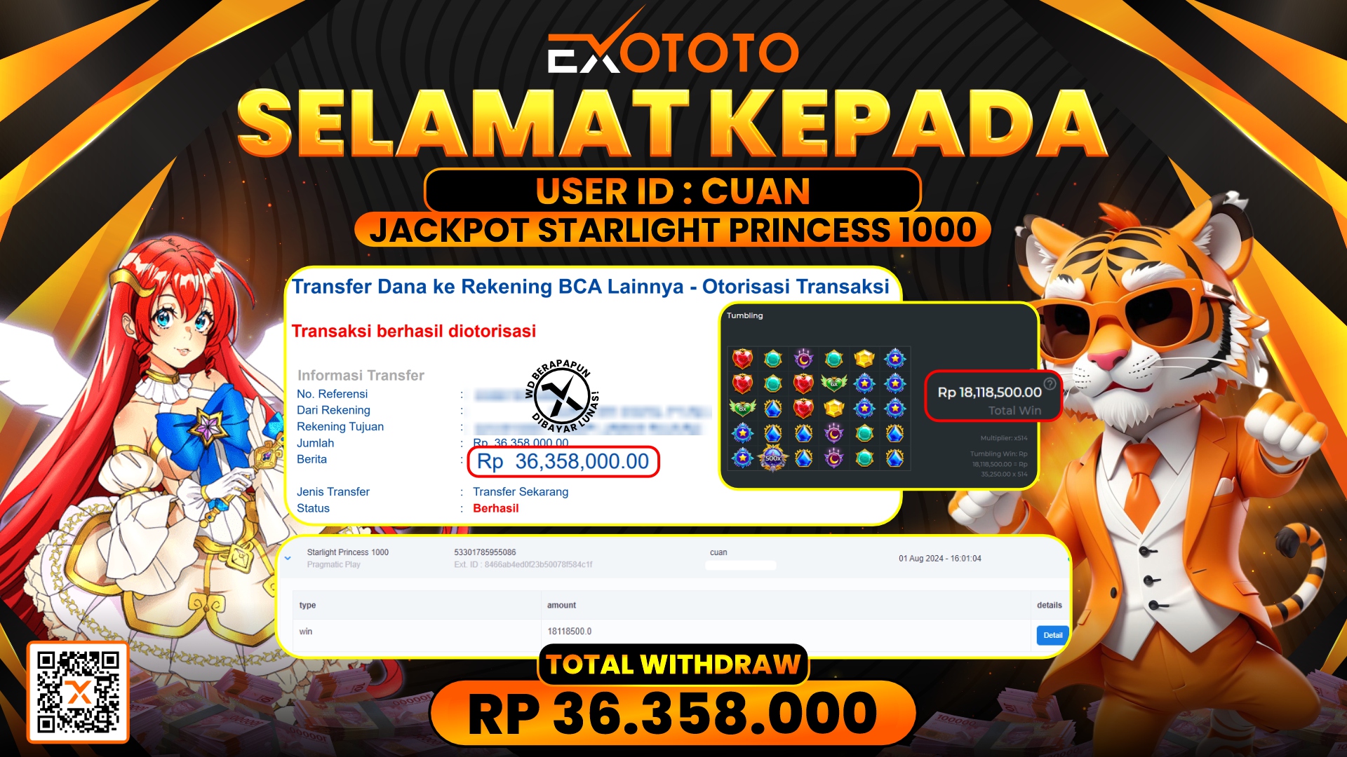 EXOTOTO JACKPOT DI SLOT STARLIGHT PRINCES 1000 RP. 36.358.000- LUNAS