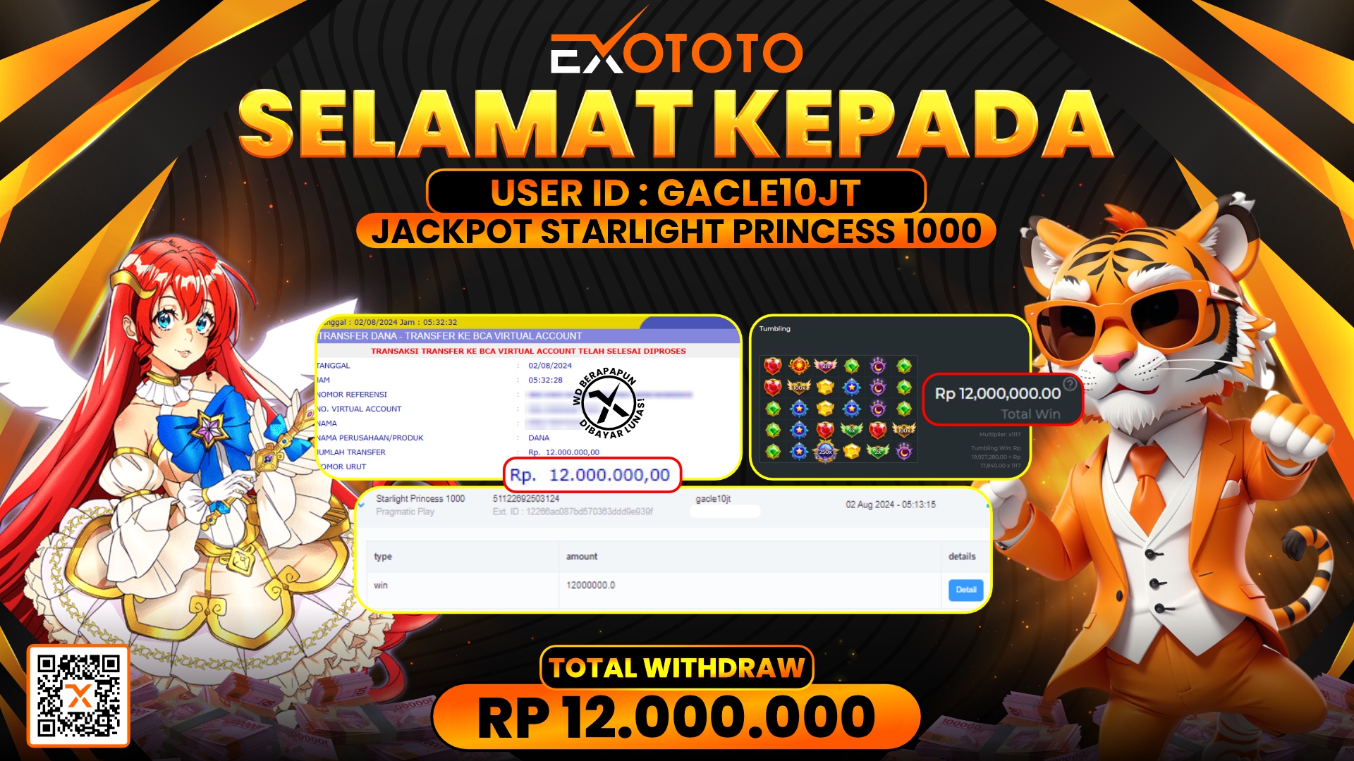 EXOTOTO JACKPOT DI SLOT STARLIGHT PRINCES 1000 RP. 12.000.000,- LUNAS