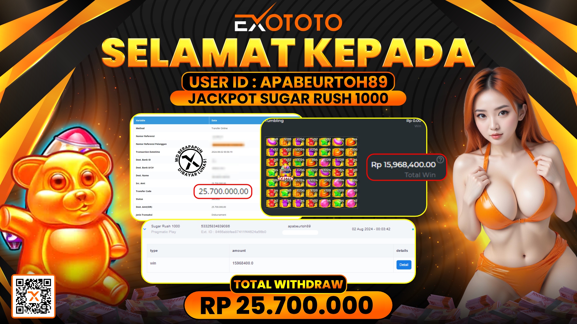 EXOTOTO JACKPOT DI SLOT SUGAR RUSH 1000 RP. 25.700.000,- LUNAS