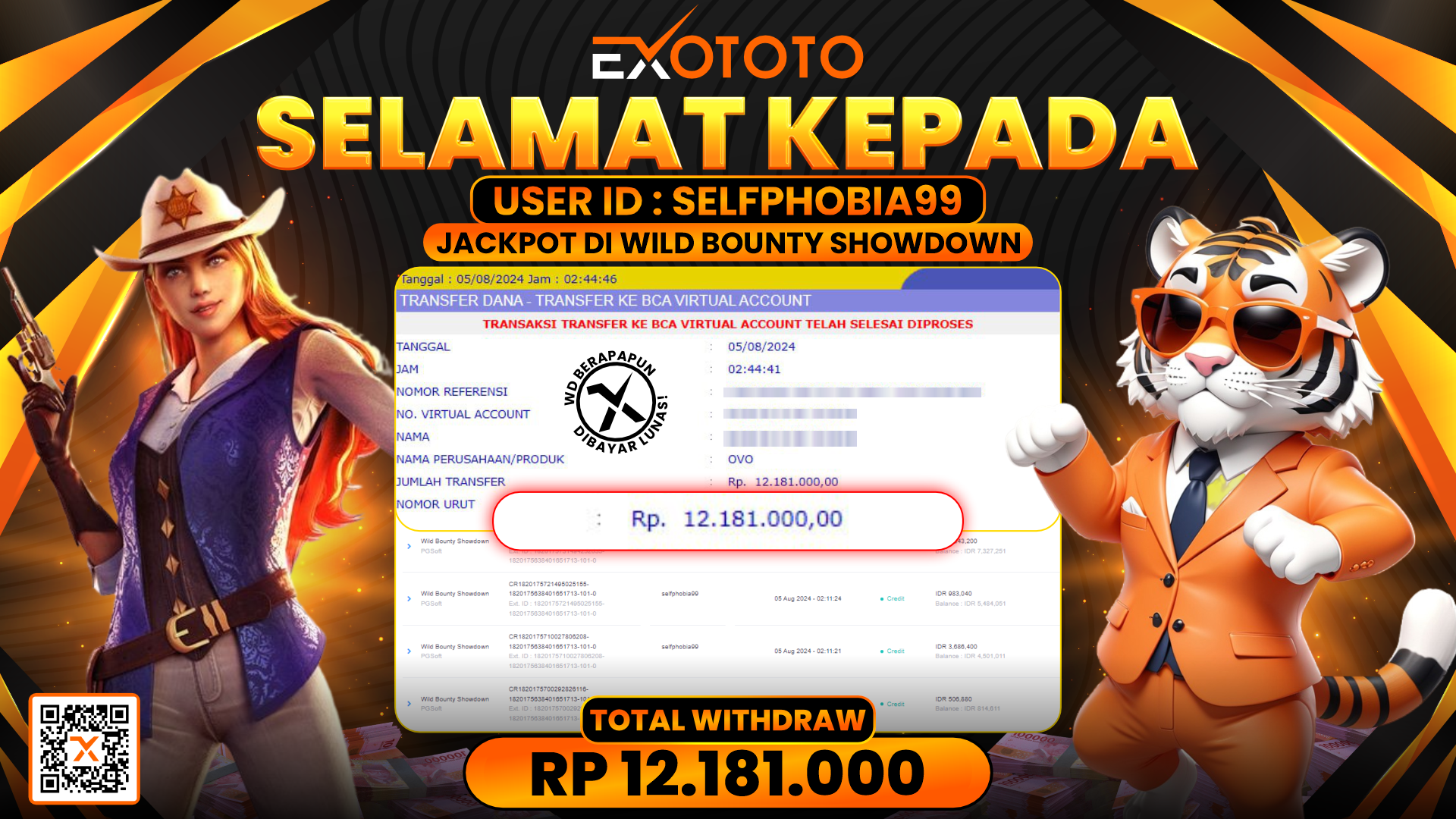 EXOTOTO JACKPOT DI SLOT WILD BOUNTY SHOWDOWN RP. 12.181.000,- LUNAS