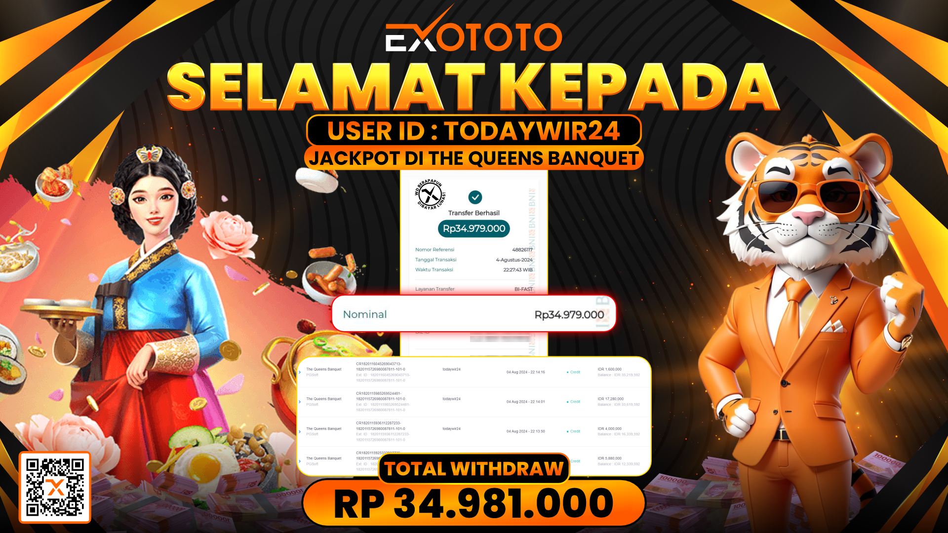 EXOTOTO JACKPOT DI SLOT THE QUENS BANQUET RP. 34.981.000,- LUNAS