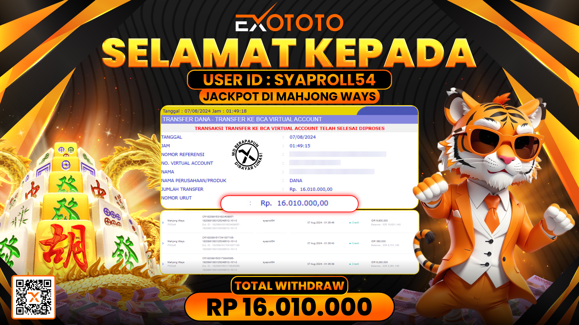 EXOTOTO JACKPOT DI SLOT MAHJONG WAYS RP. 16.010.000,- LUNAS