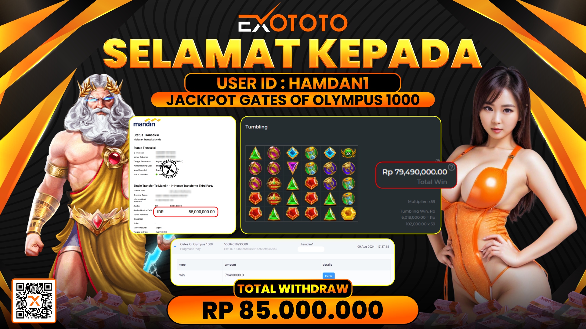 EXOTOTO JACKPOT DI SLOT GATES OF OLYMPUS RP. 85.000.000,- LUNAS