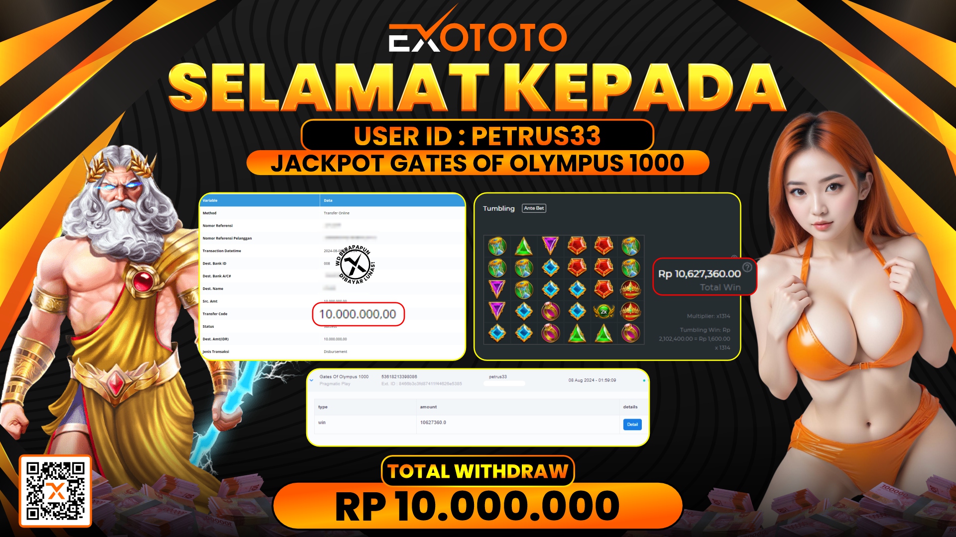 EXOTOTO JACKPOT DI SLOT GATES OF OLYMPUS RP. 10.000.000,- LUNAS