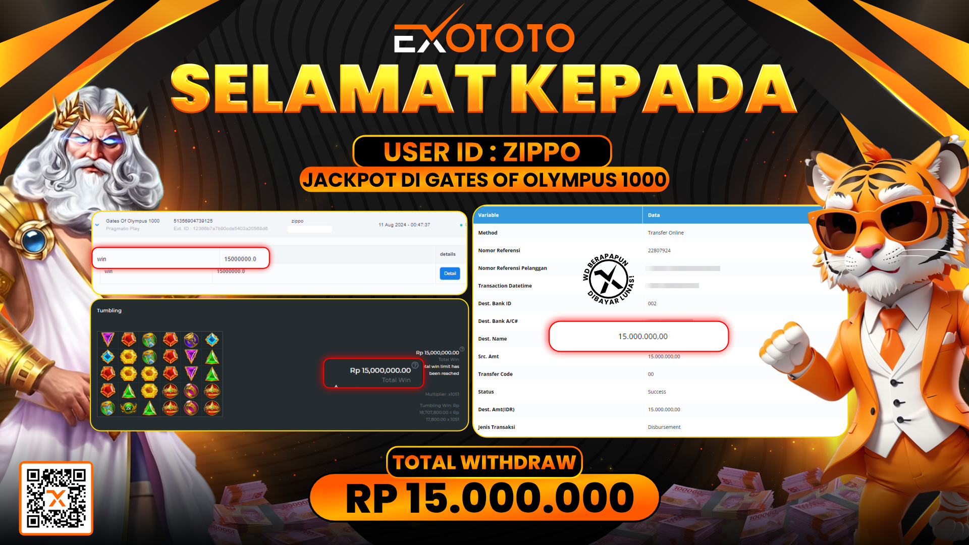 EXOTOTO JACKPOT DI SLOT GATES OF OLYMPUS 1000 RP. 15.000.000,- LUNAS