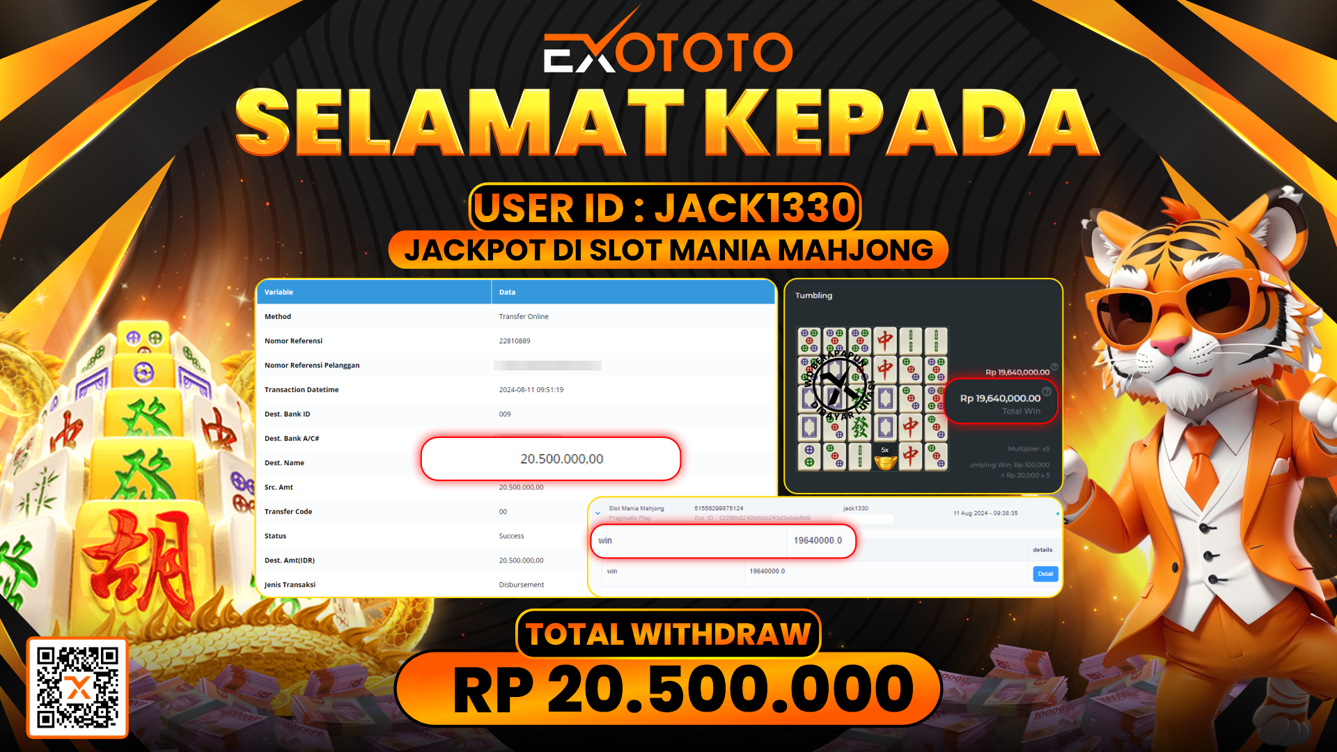 EXOTOTO JACKPOT DI SLOT SLOT MANIA MAHJONG RP. 20.500.000,- LUNAS