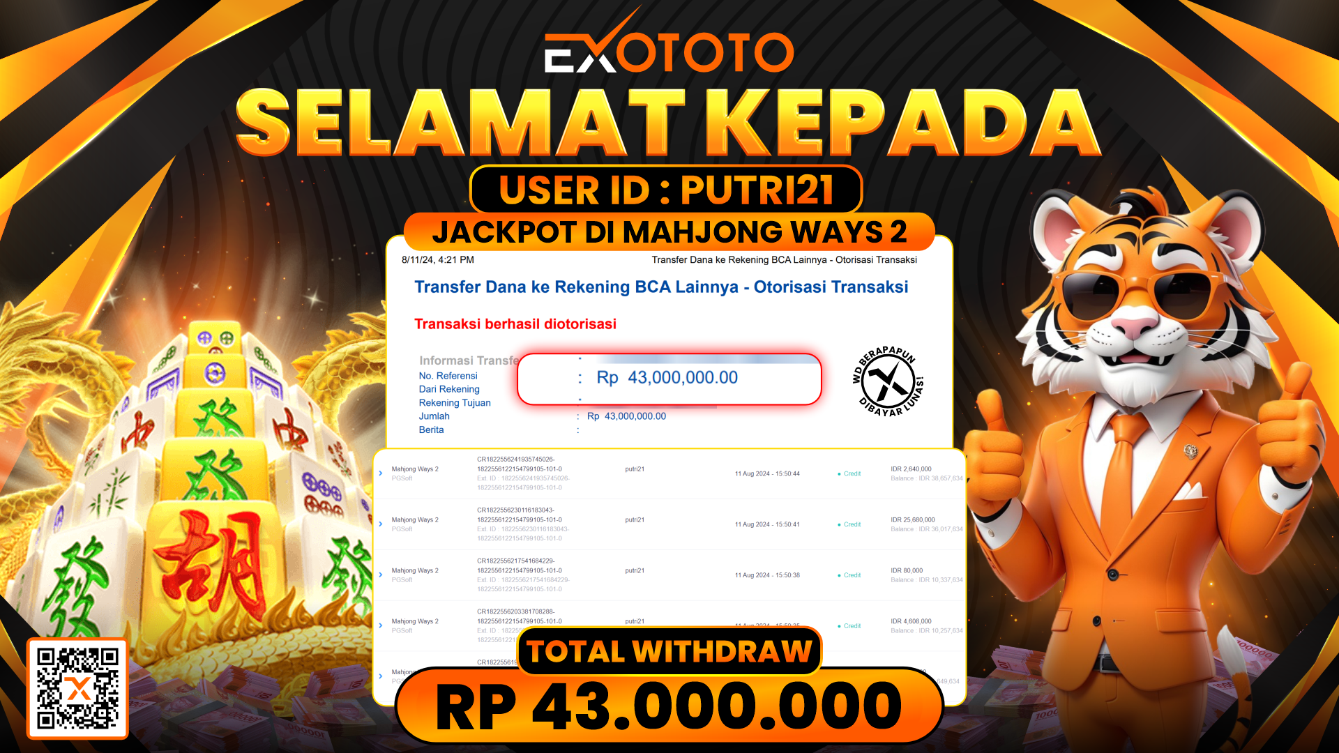 EXOTOTO JACKPOT DI SLOT MAHJONG WAYS 2 RP. 43.000.000,- LUNAS